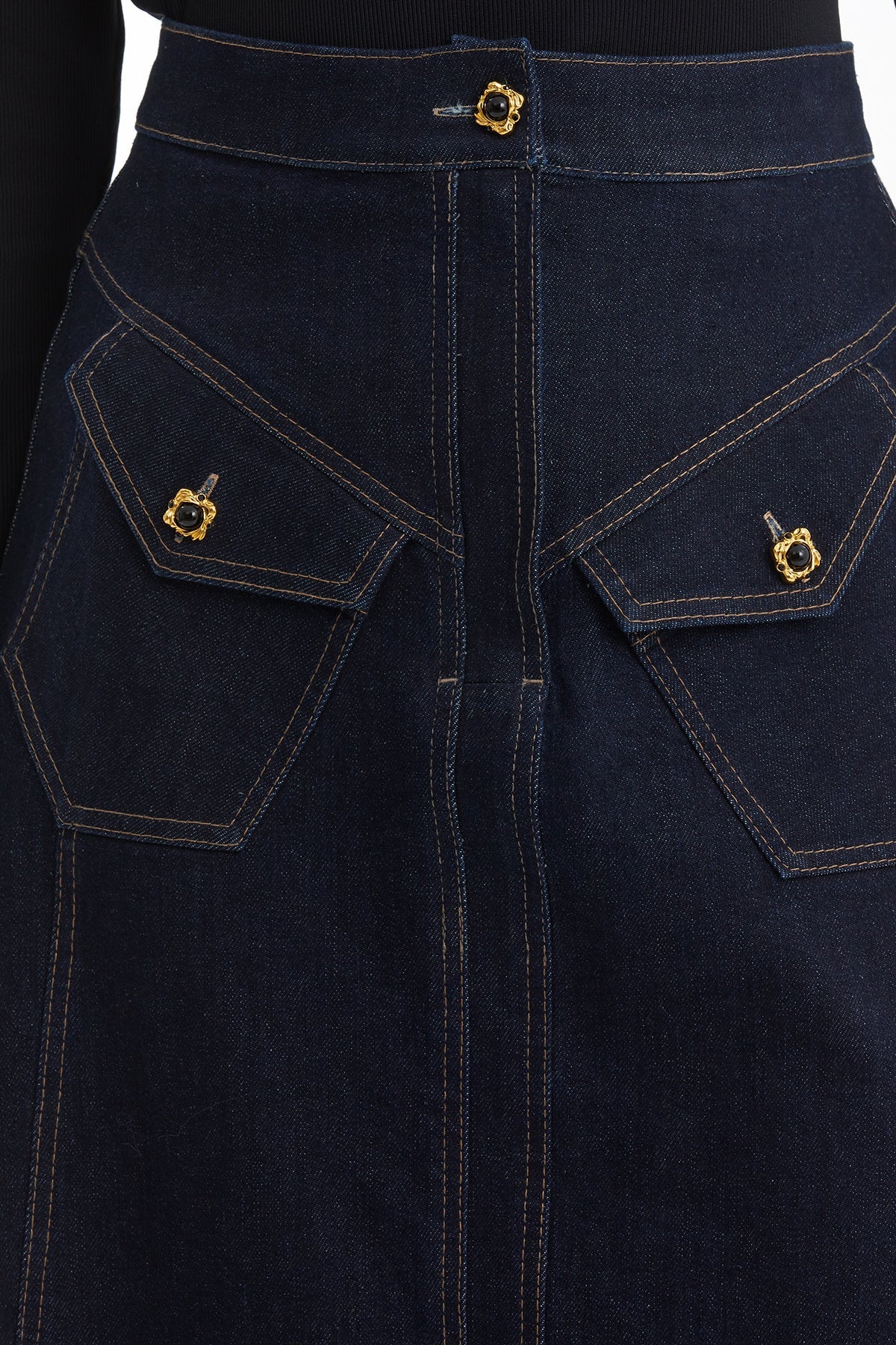 Dark Navy A-Line Denim Skirt with Pocket Button Detail