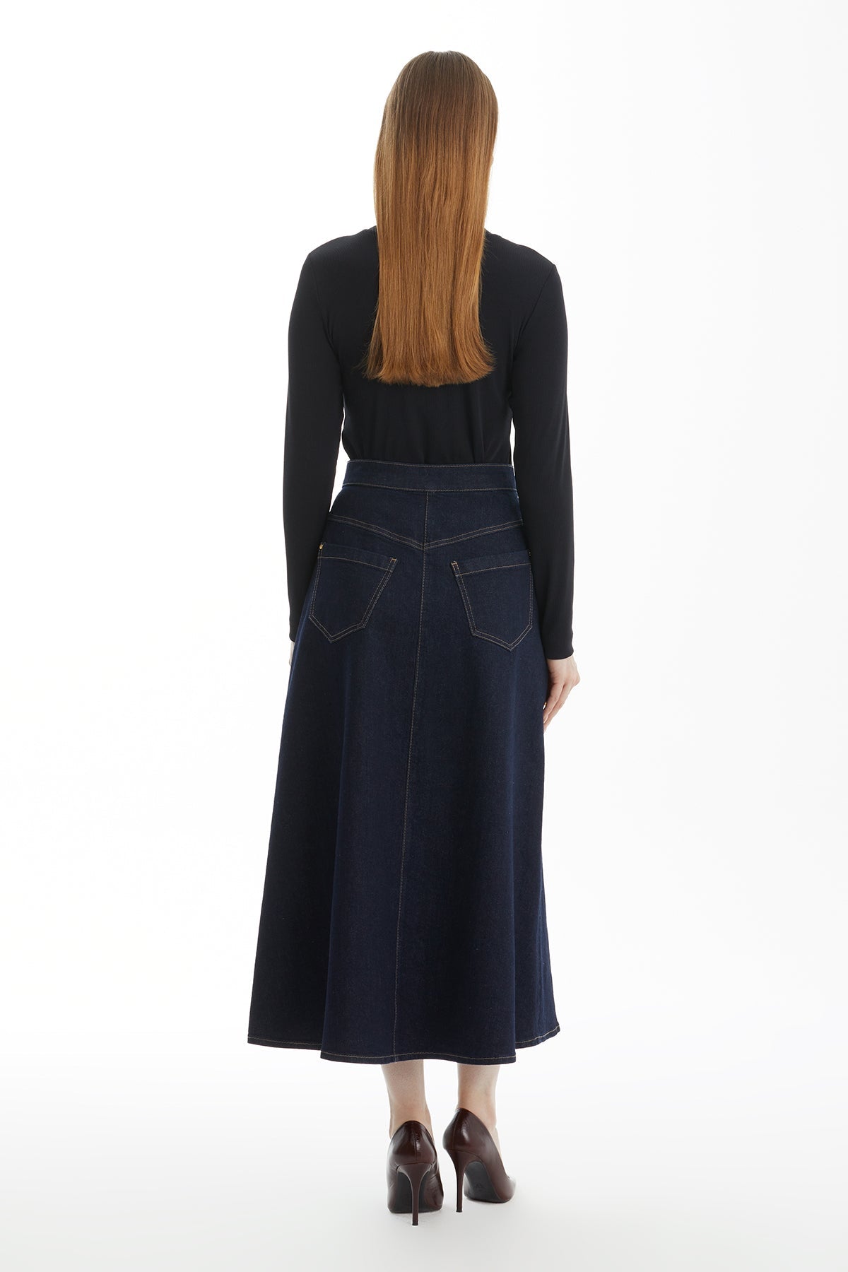 Dark Navy A-Line Denim Skirt with Pocket Button Detail