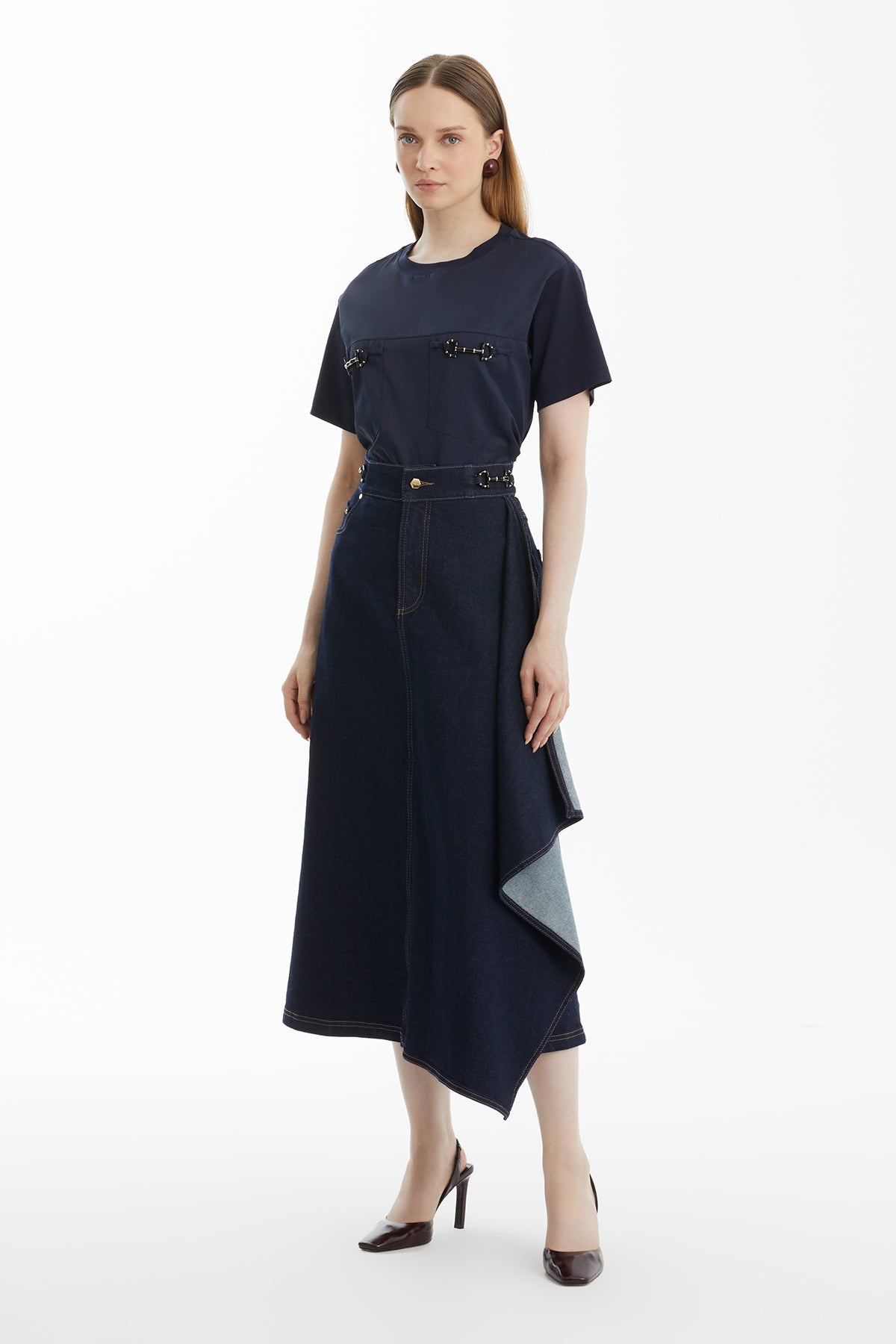 Dark Navy Denim Skirt with Ruffle Detail