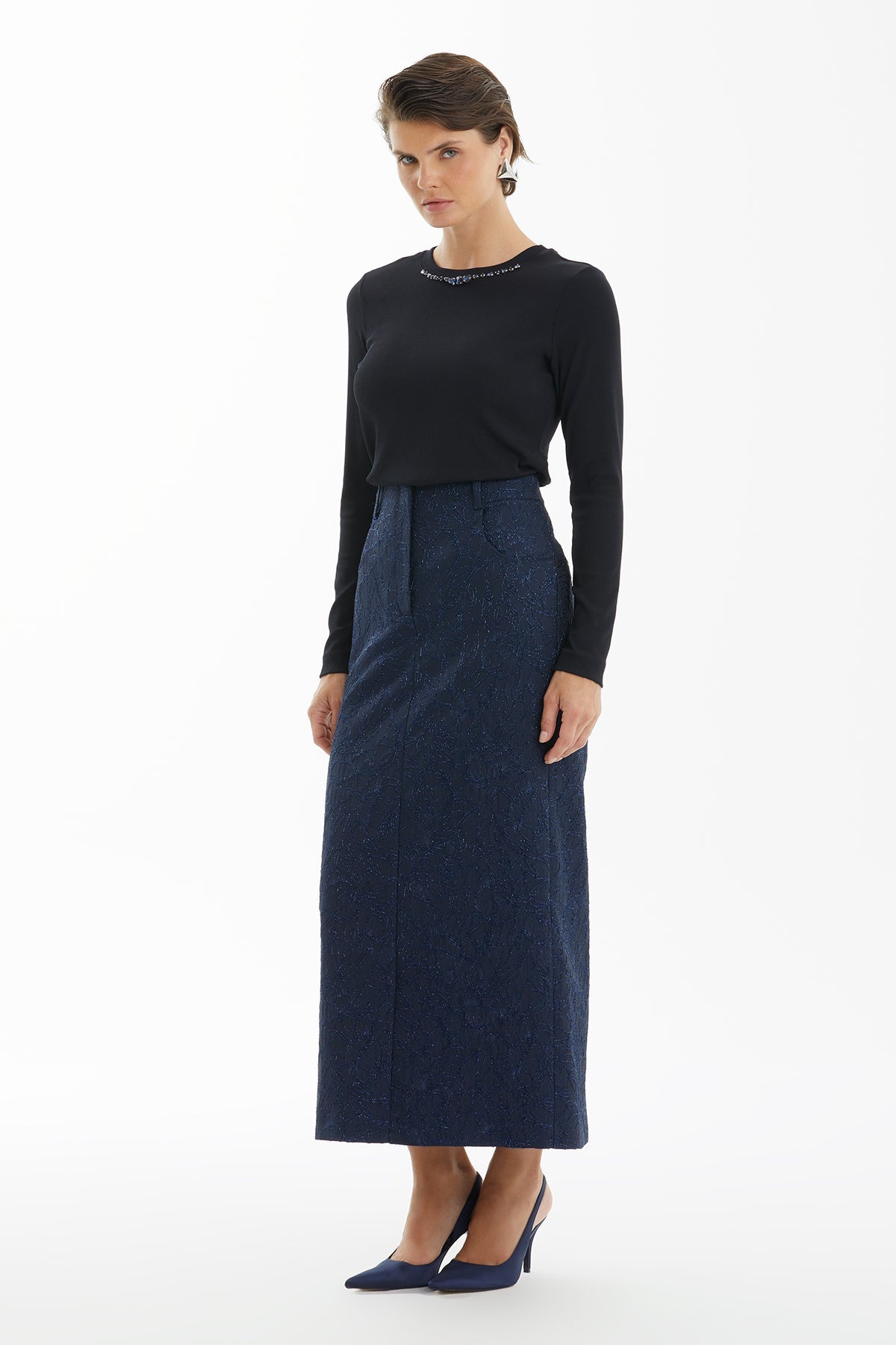 Dark Navy Jacquard Pencil Midi Skirt