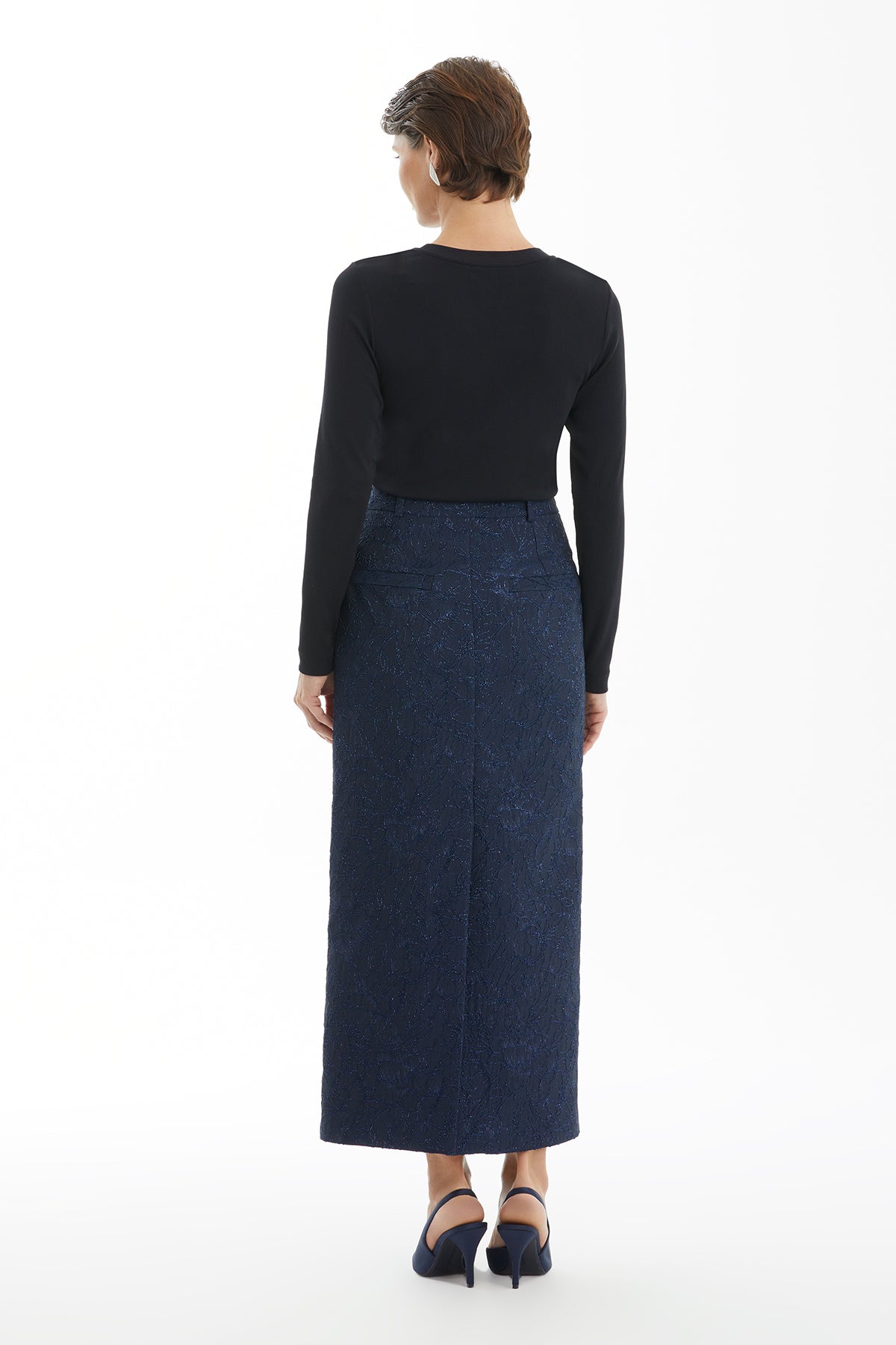 Dark Navy Jacquard Pencil Midi Skirt