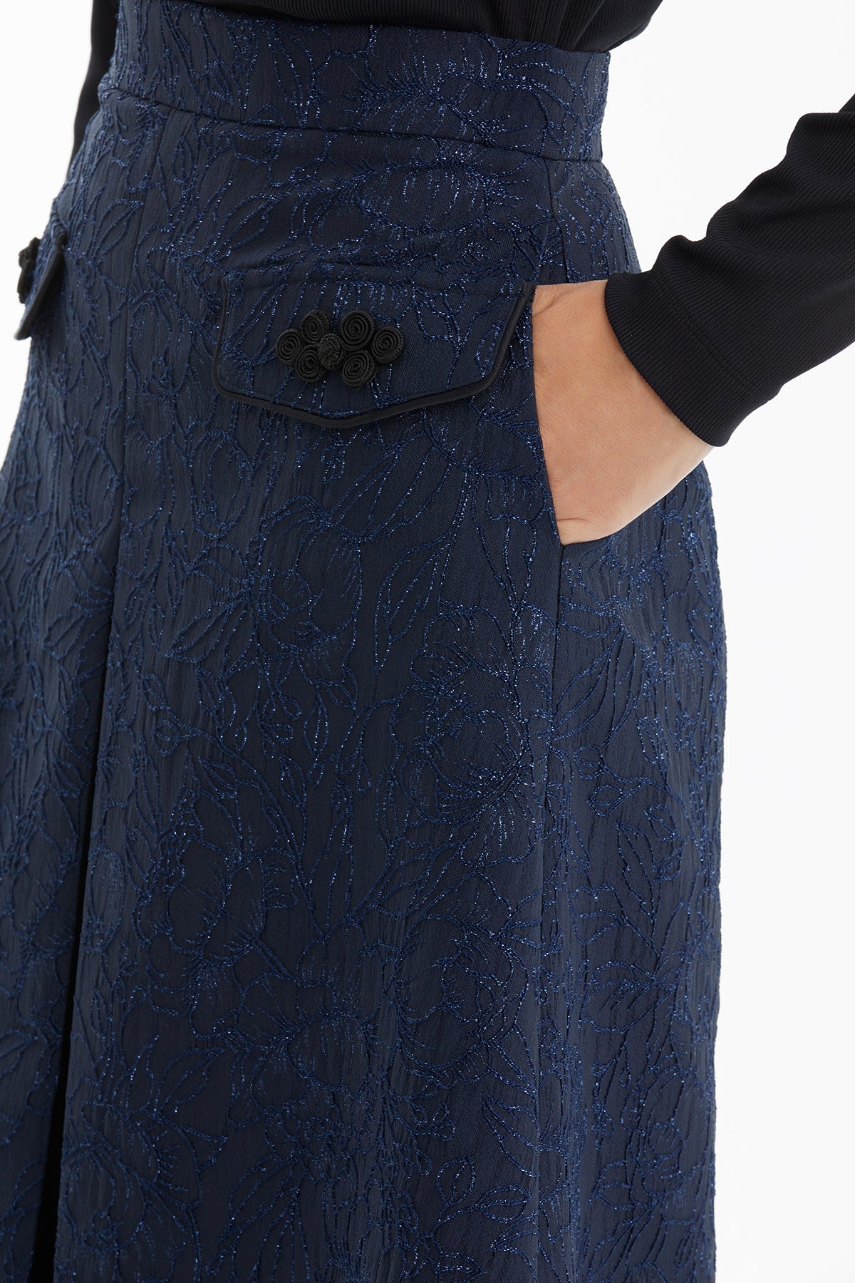 Dark Navy Jacquard A-Line Midi Skirt