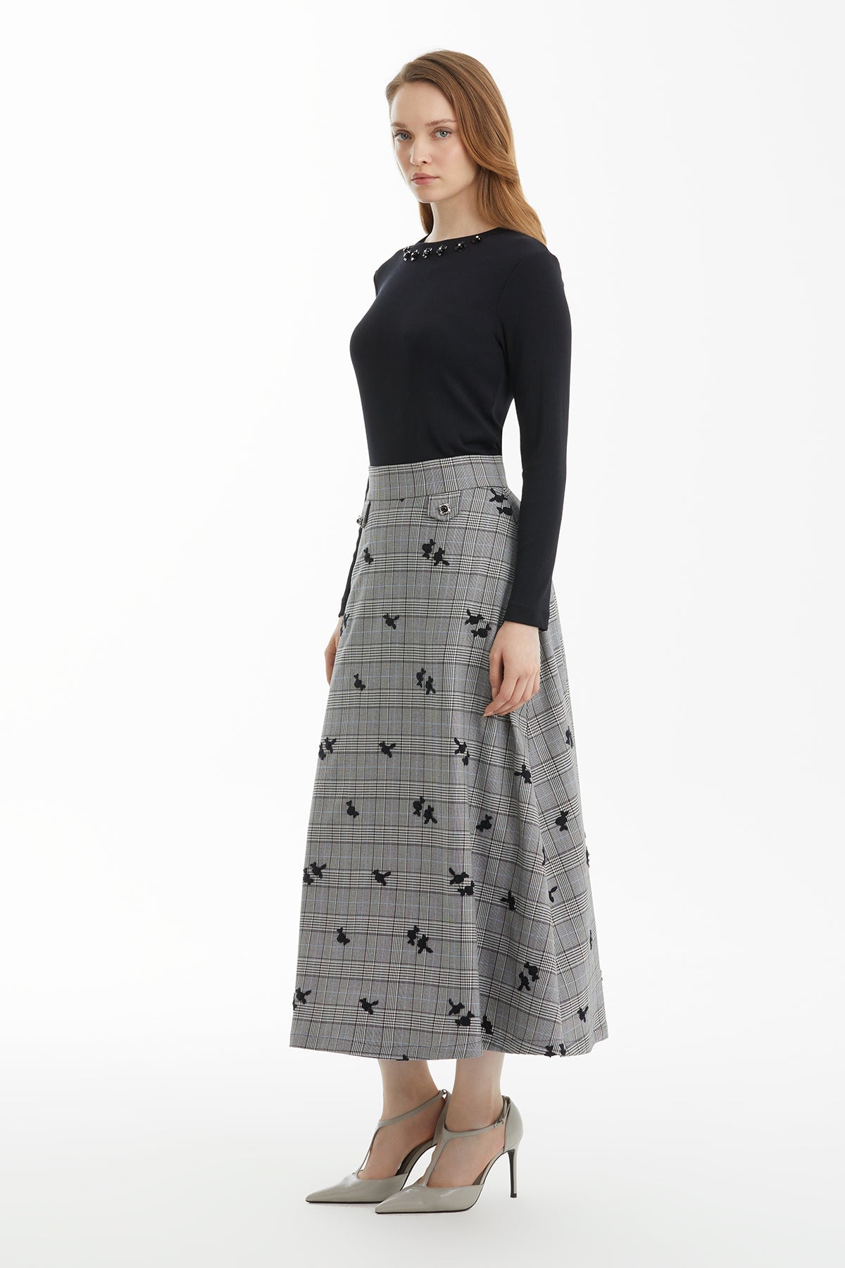 Black Check Skirt with Floral Embroidery