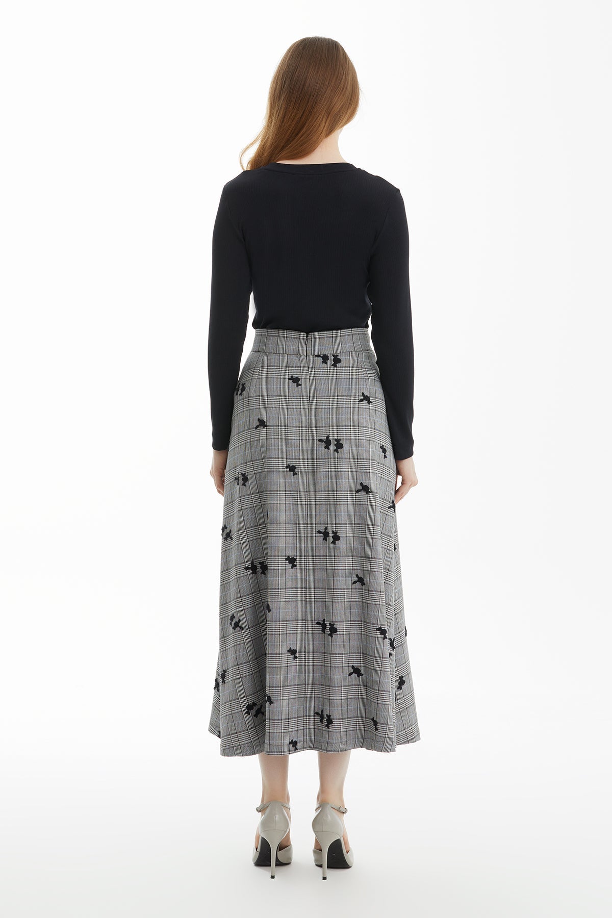 Black Check Skirt with Floral Embroidery
