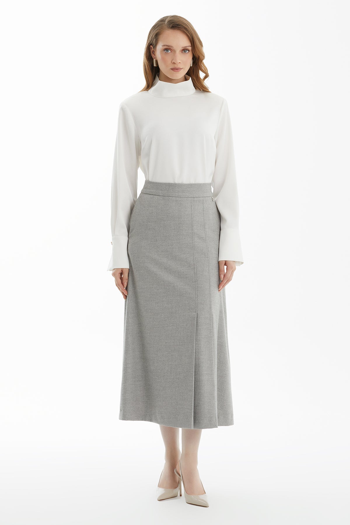 Grey Midi Skirt with Pleat Detail