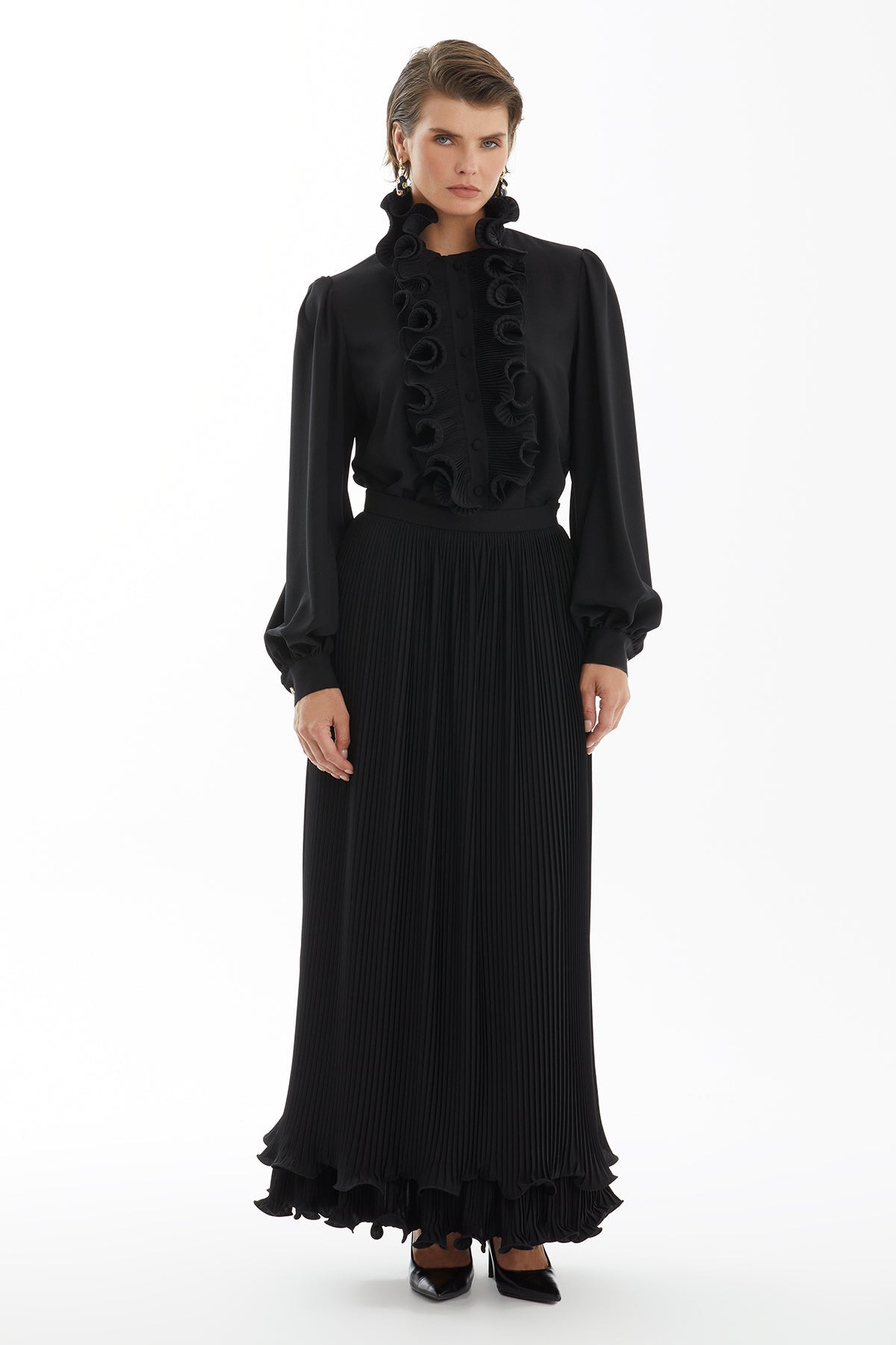 Black Double Layer Pleated Skirt