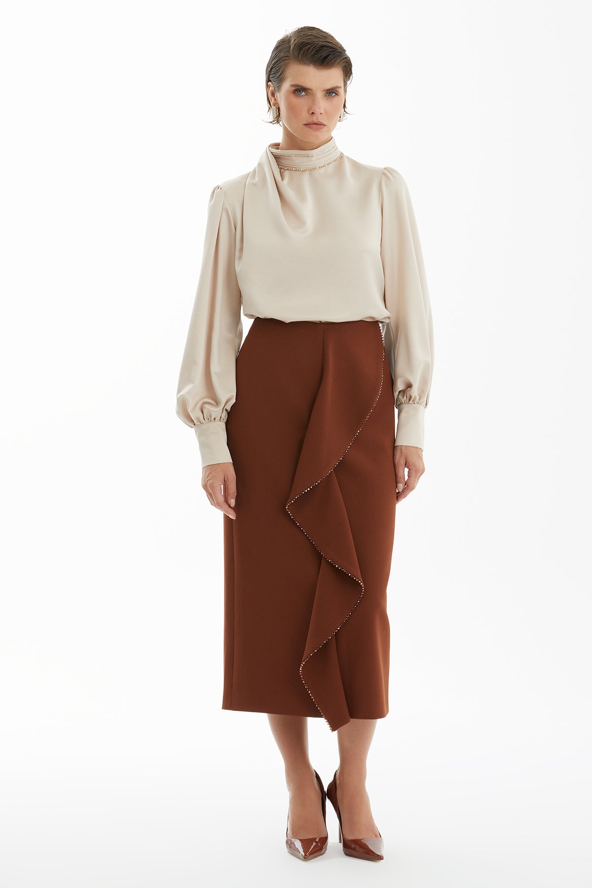 Brown Pencil Skirt with Crystal Embroidery and Front Flounce