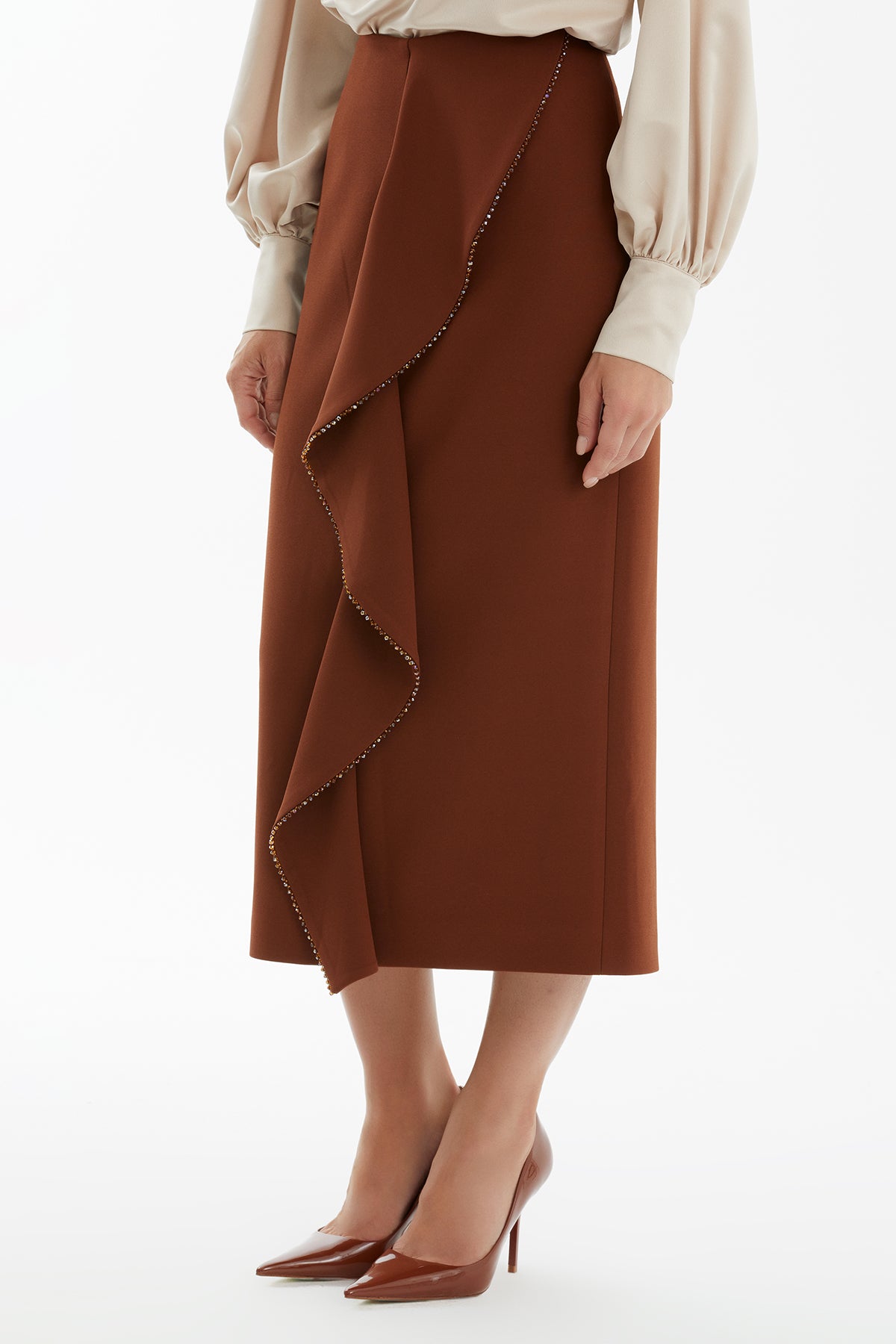 Brown Pencil Skirt with Crystal Embroidery and Front Flounce