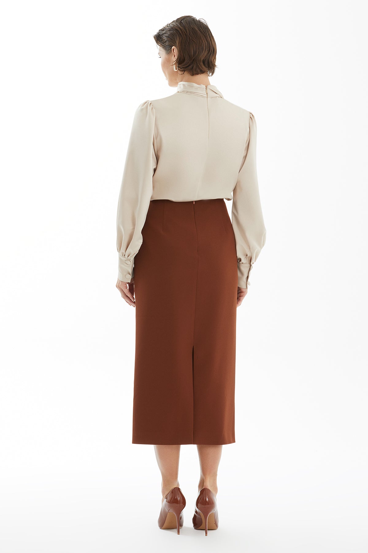 Brown Pencil Skirt with Crystal Embroidery and Front Flounce