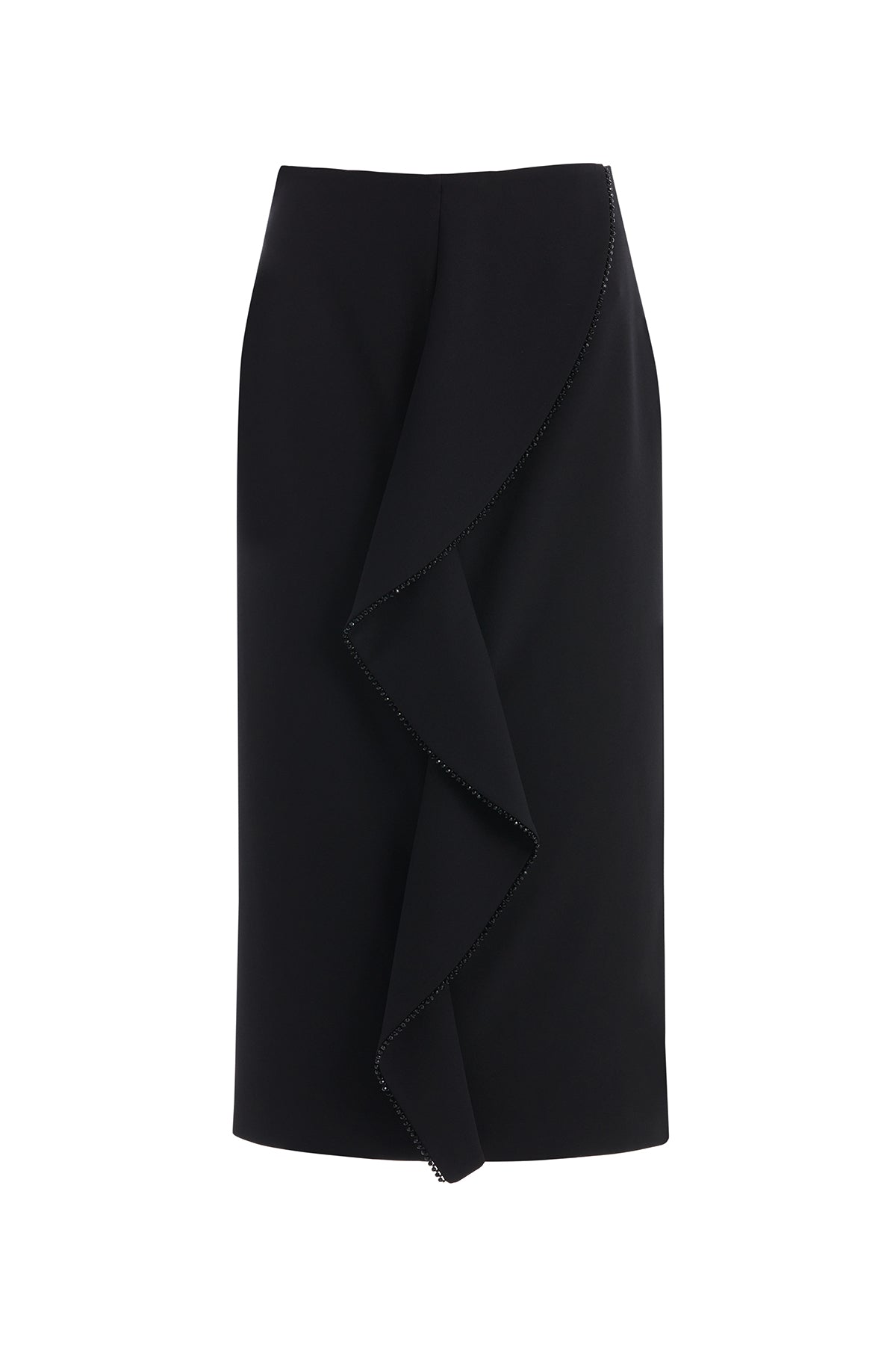 Black Pencil Skirt with Crystal Embroidery and Front Flounce