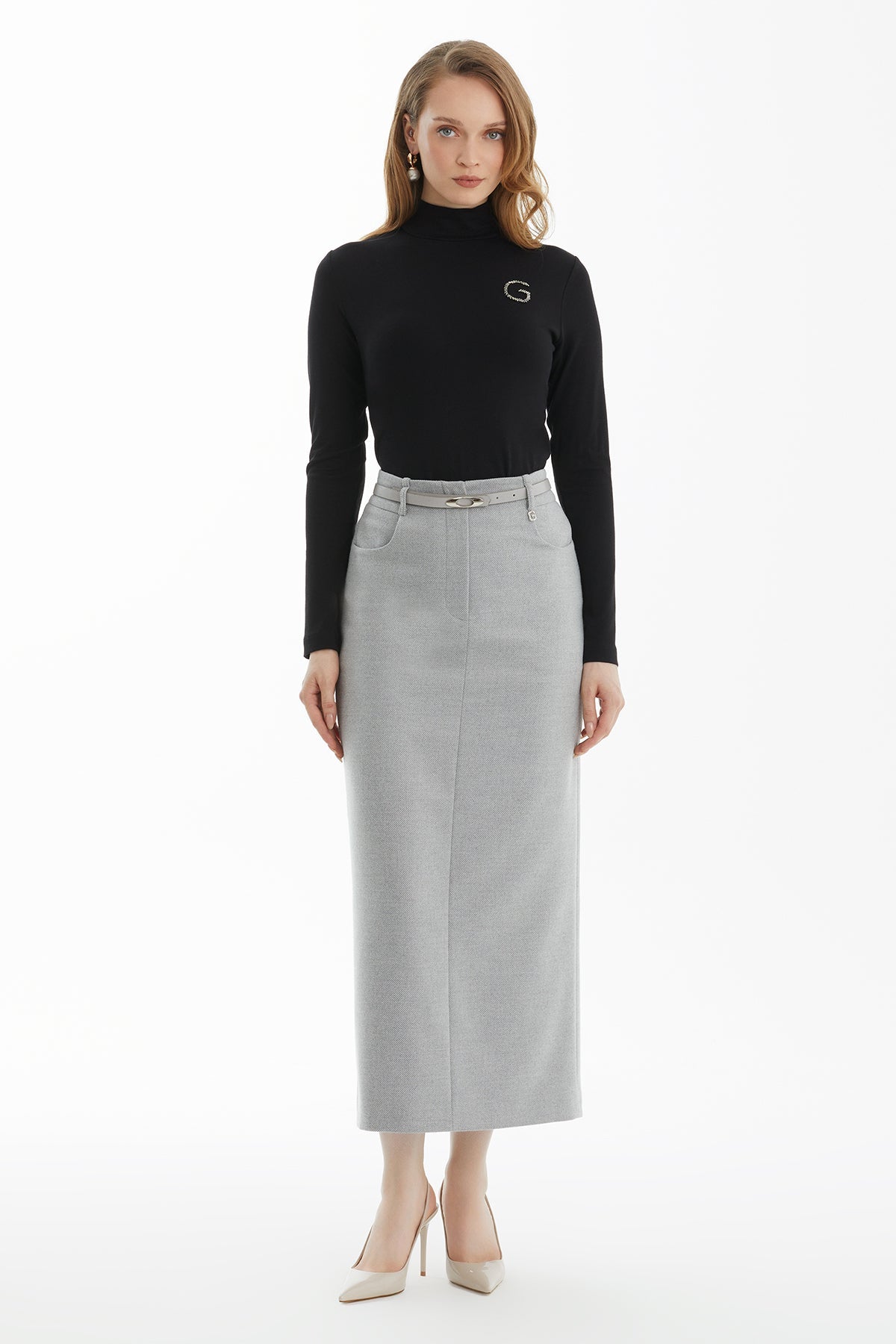 Grey Belted Straight Skirt