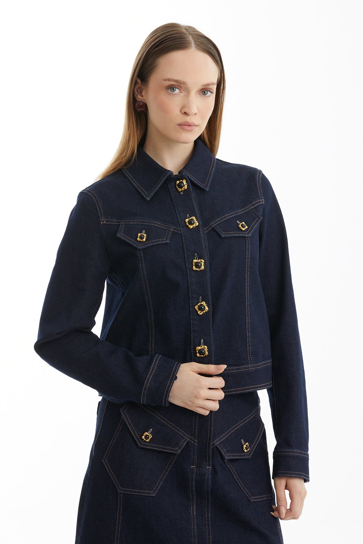 Dark Navy Button-Detail Denim Jacket