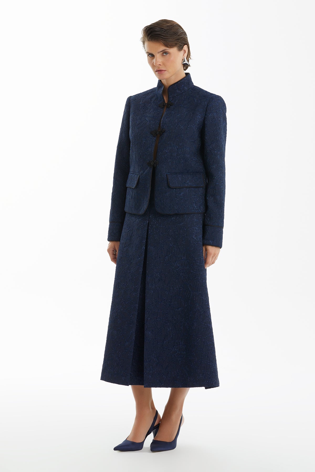 Dark Navy Jacquard Stand-Collar Jacket