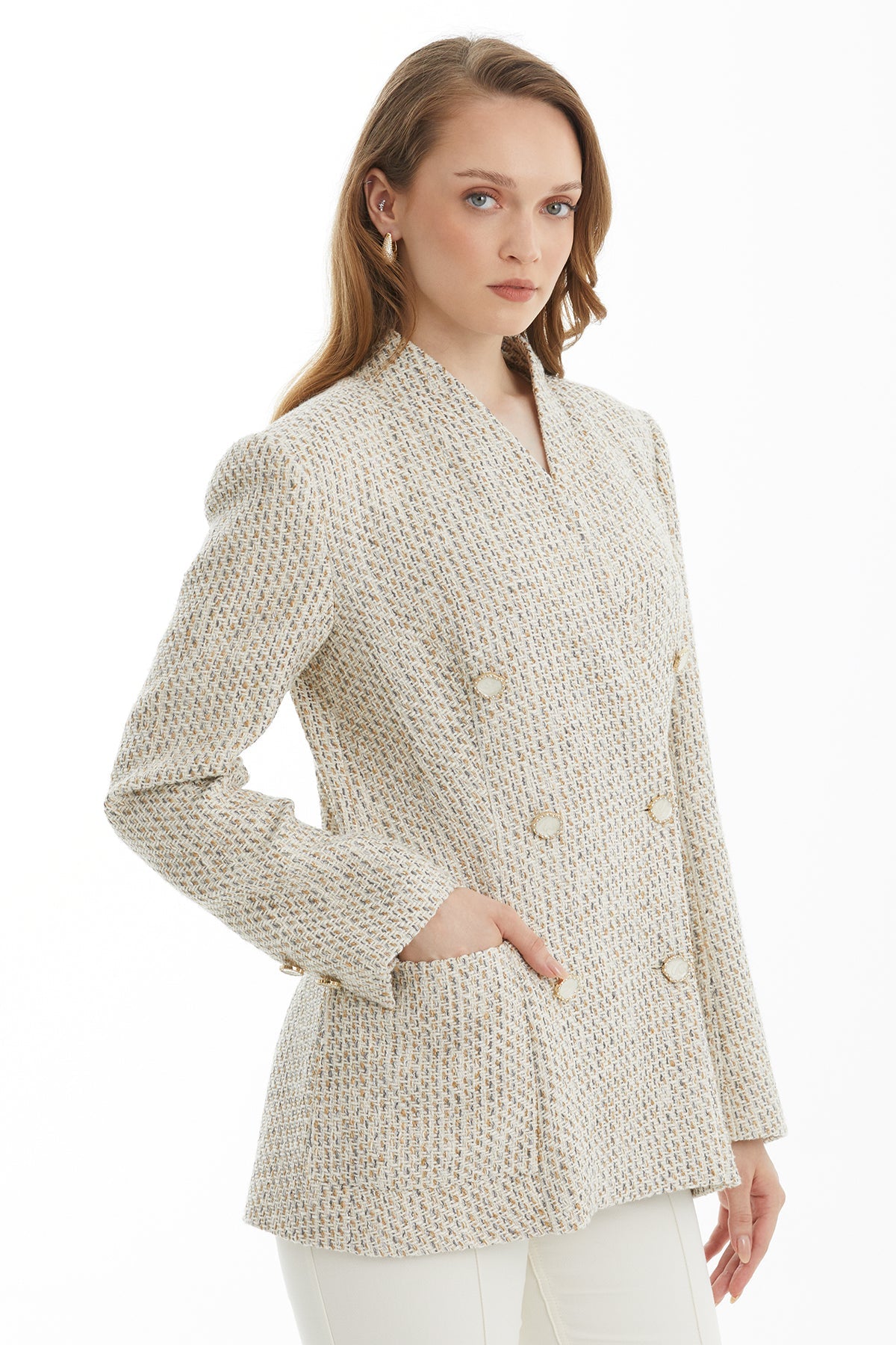 Ecru Textured Double-Breasted Jacket