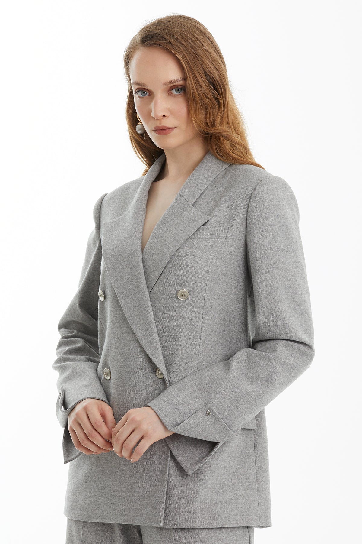 Grey Embroidered-Sleeve Double-Breasted Jacket