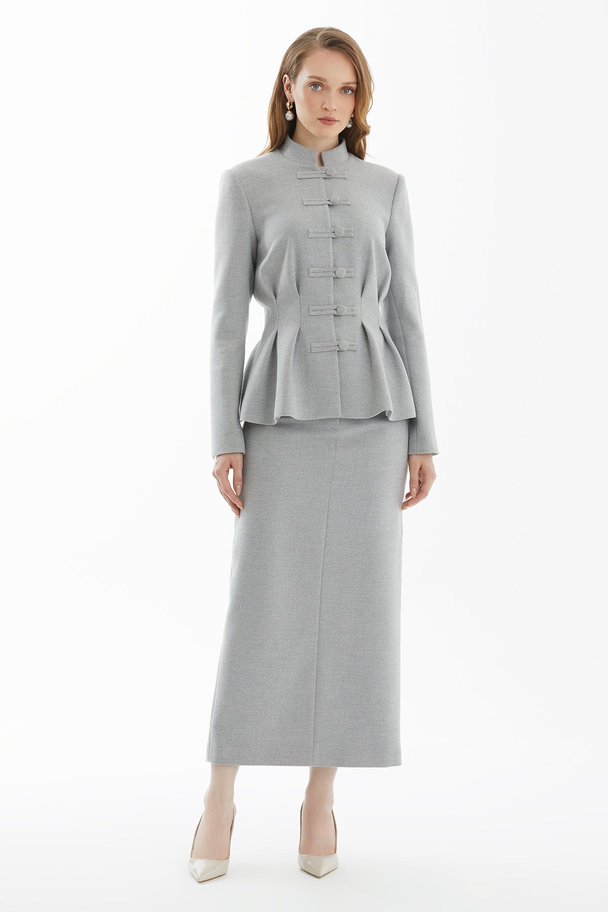 Grey Mandarin-Collar Asymmetric Asia-Inspired Jacket