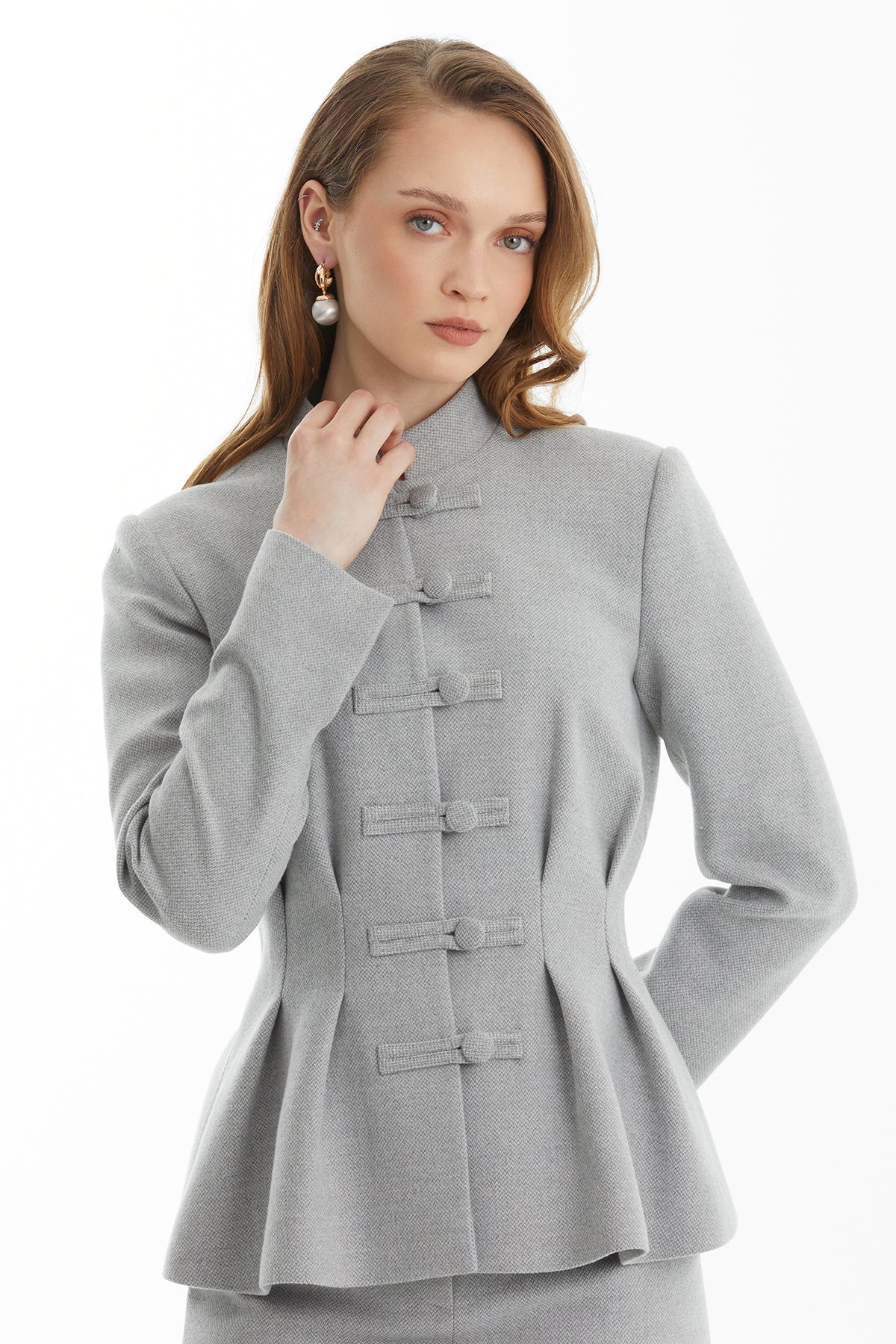 Grey Mandarin-Collar Asymmetric Asia-Inspired Jacket