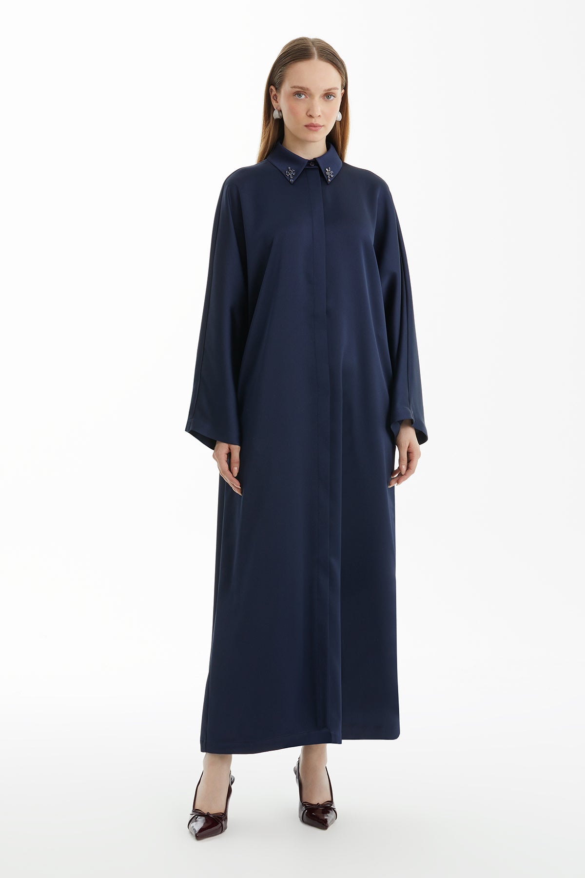 Navy Shirt-Collar Maxi Dress