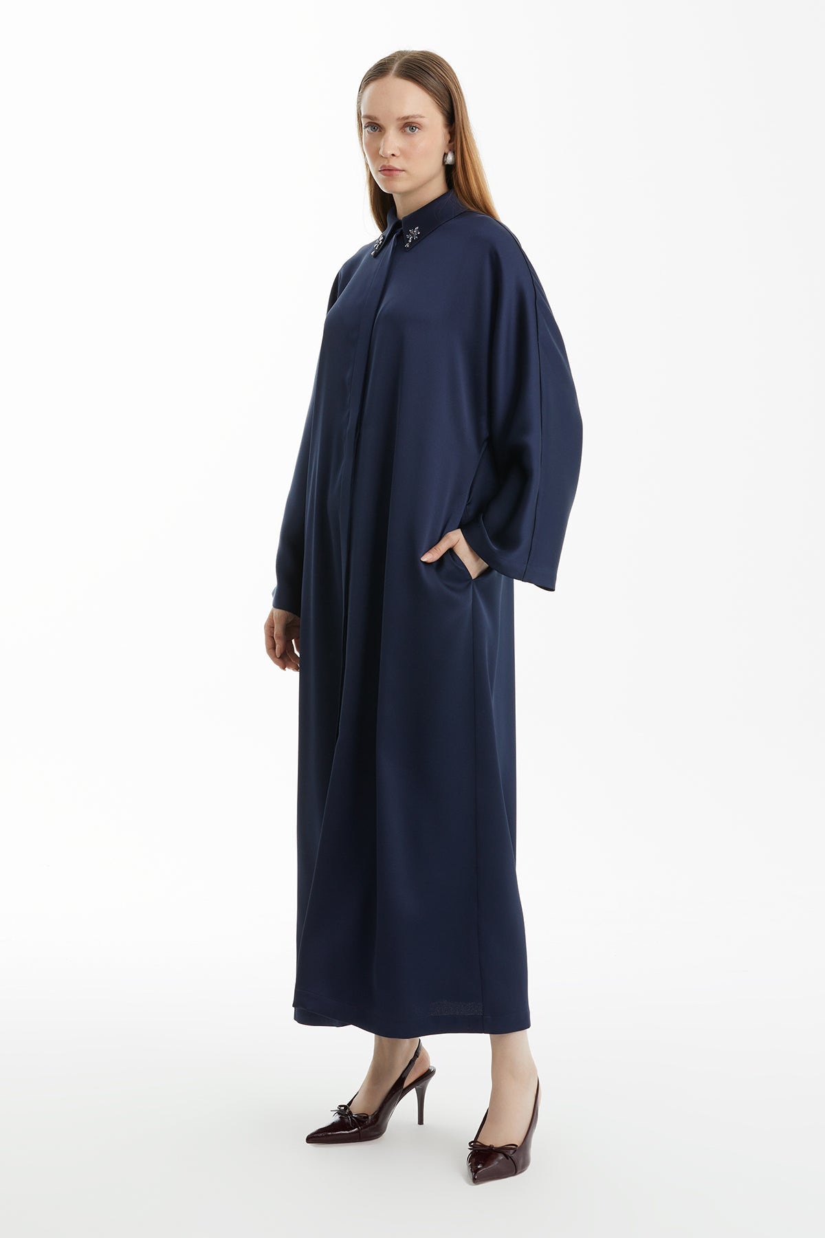 Navy Shirt-Collar Maxi Dress