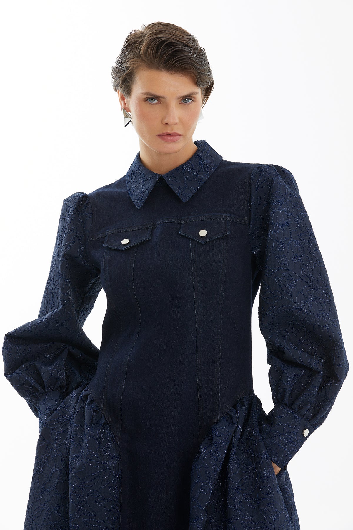 Dark Navy Jacquard Denim-Contrast Belted Dress