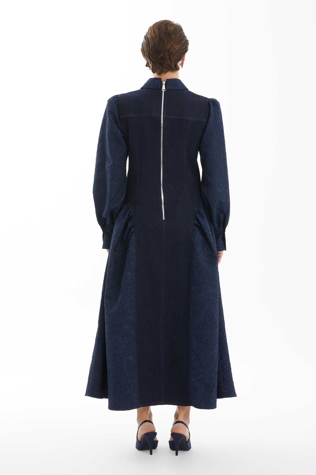 Dark Navy Jacquard Denim-Contrast Belted Dress