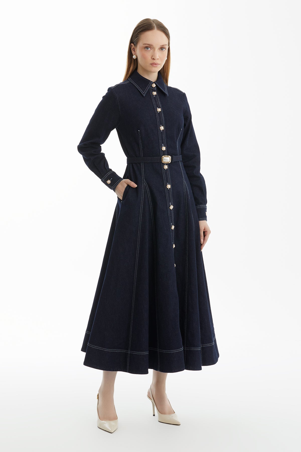 Dark Navy Contrast-Stitch Belted Denim Dress