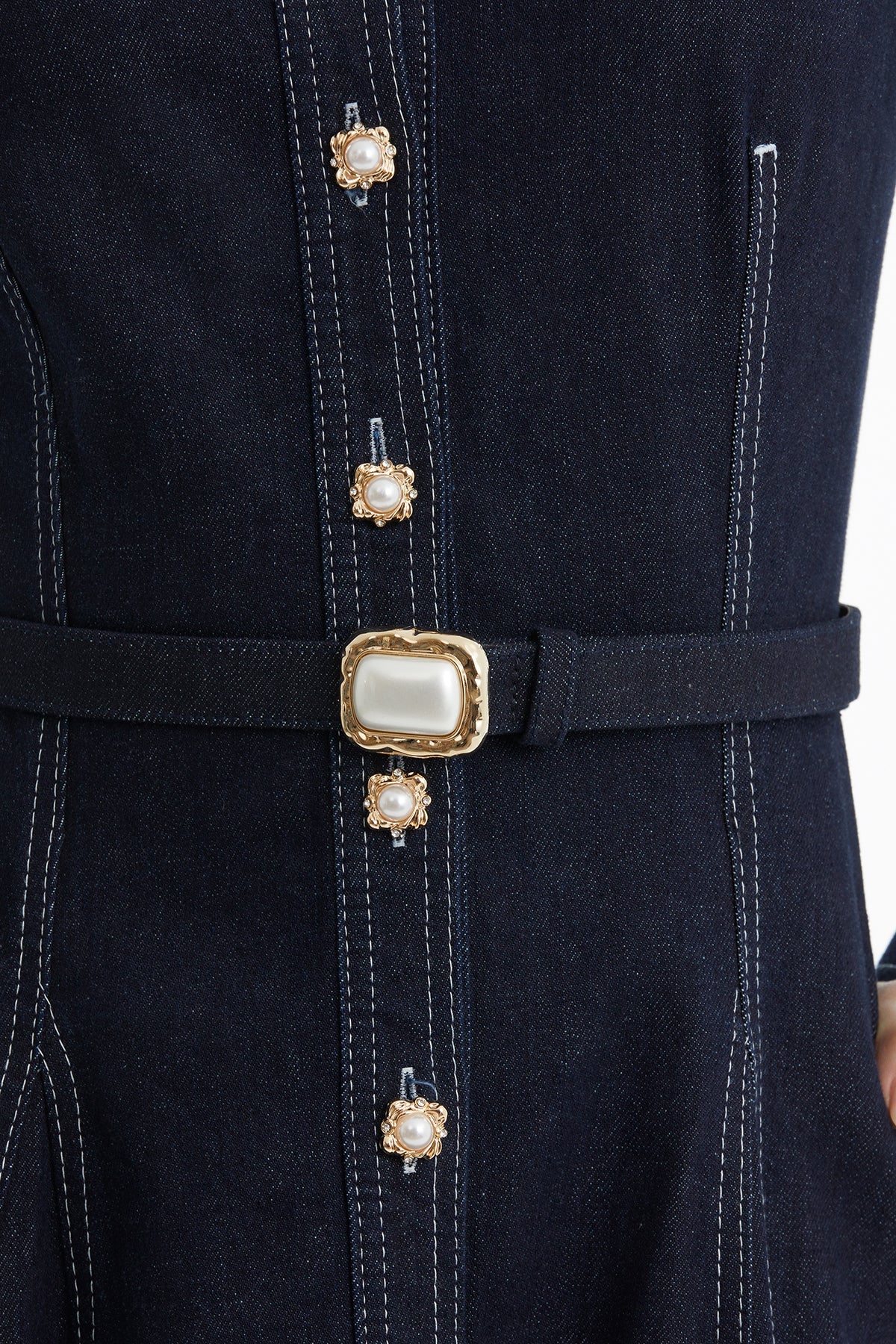 Dark Navy Contrast-Stitch Belted Denim Dress