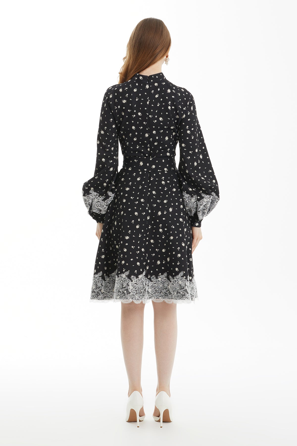 Black Lace-Trim Puff-Sleeve Dress