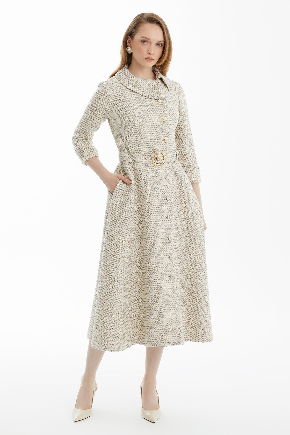 Ecru Belted Tweed Midi Dress