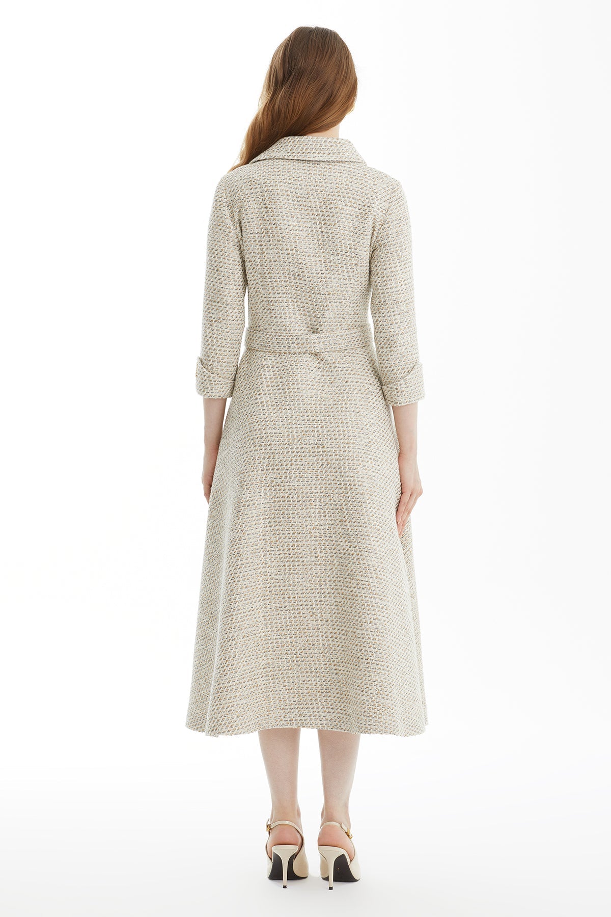 Ecru Belted Tweed Midi Dress
