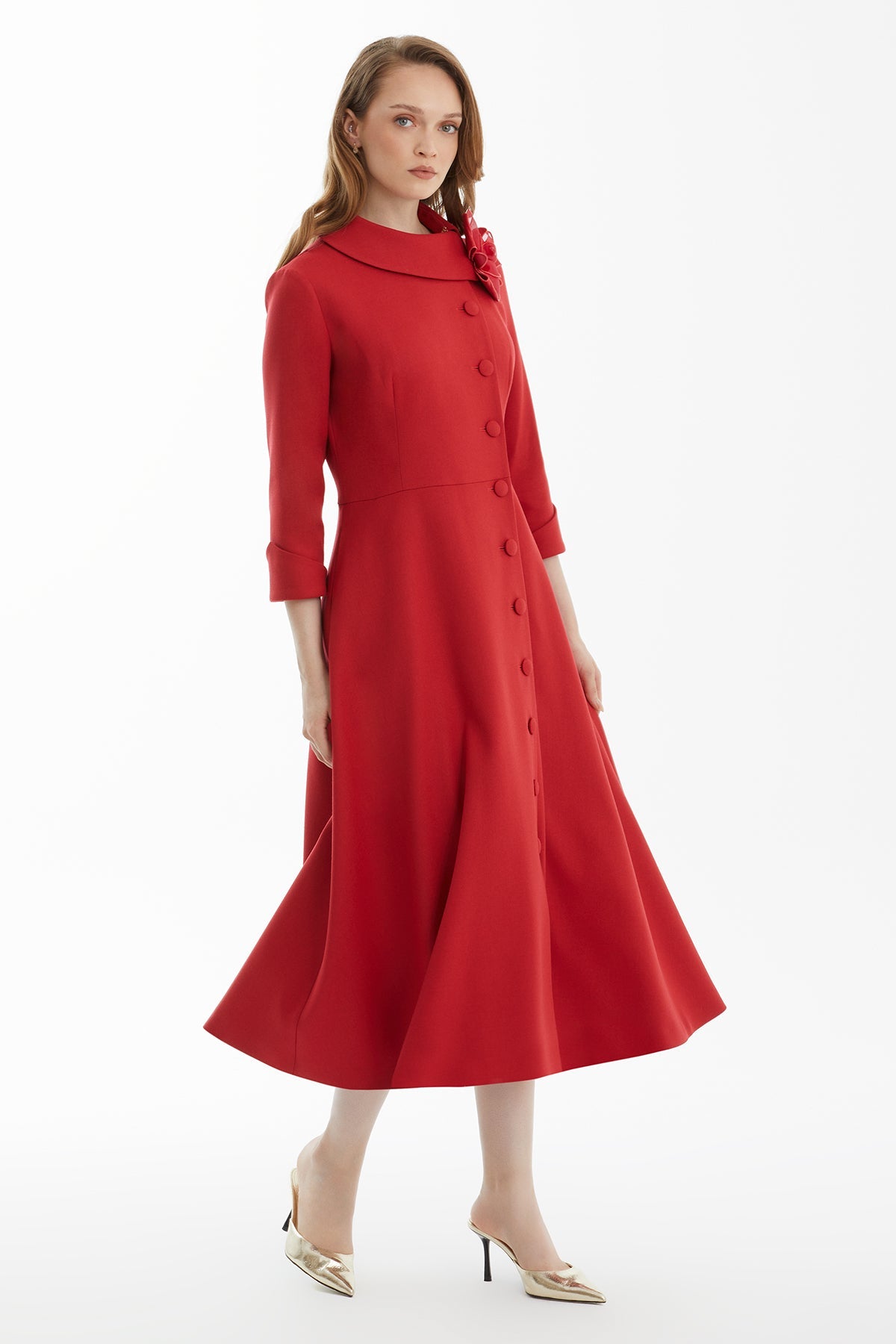 Red Brooch-Embellished Belted Midi Dress