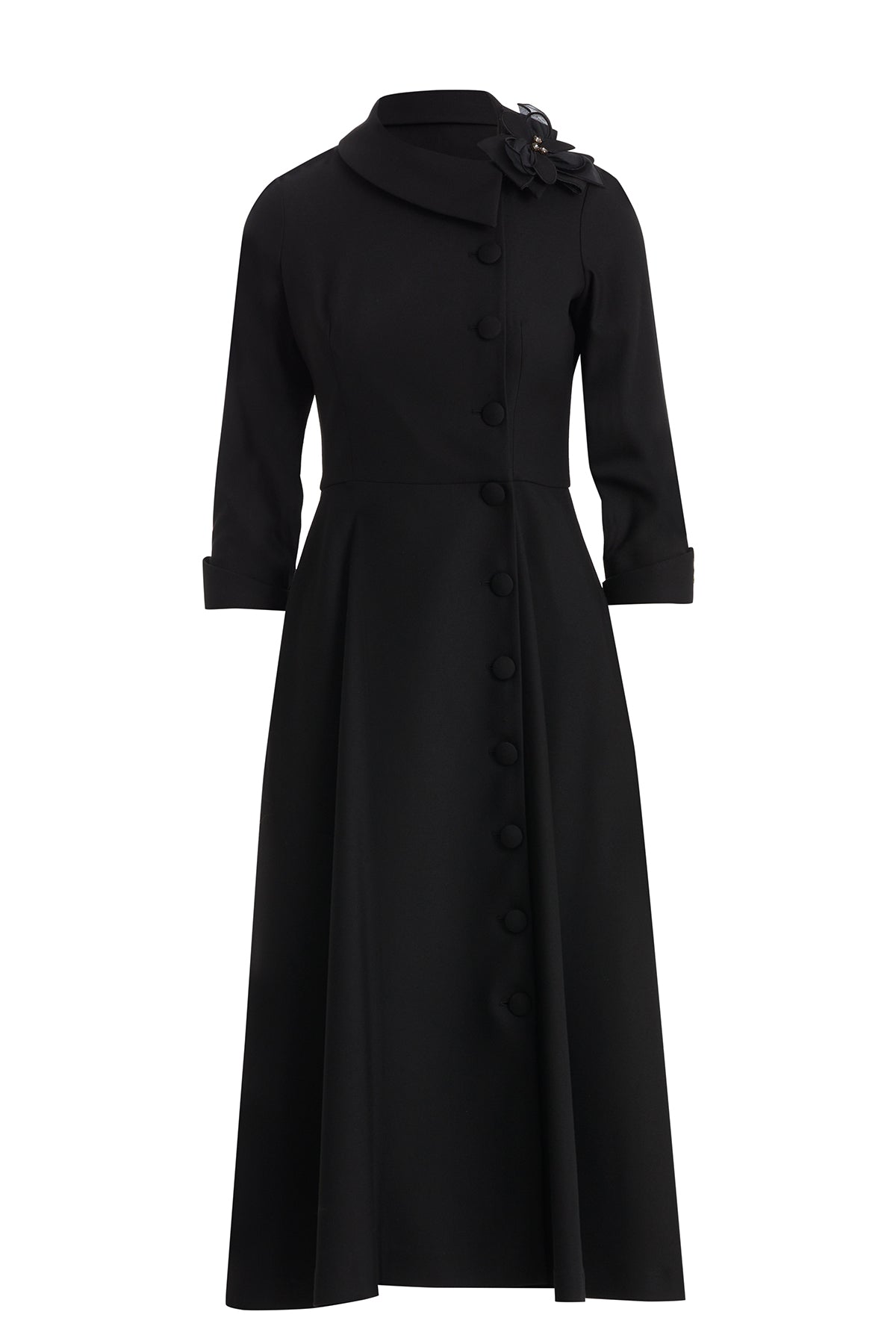 Black Brooch-Embellished Belted Midi Dress