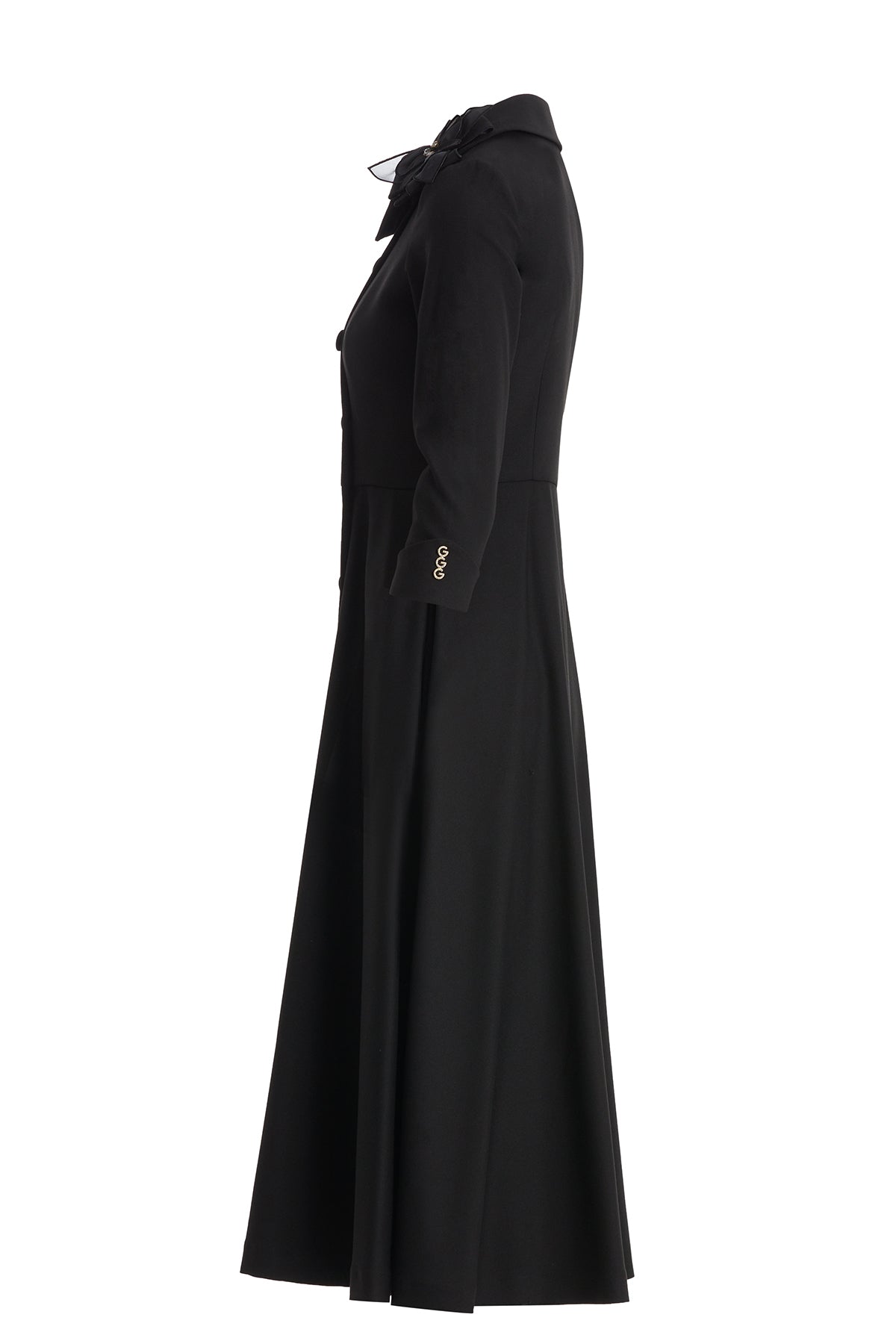 Black Brooch-Embellished Belted Midi Dress