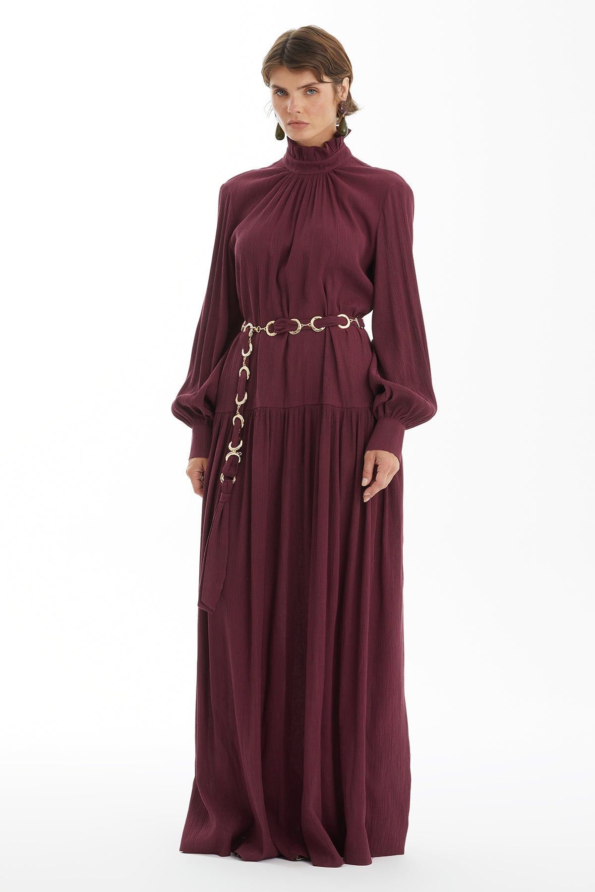 Red Ruched Stand-Collar Maxi Dress