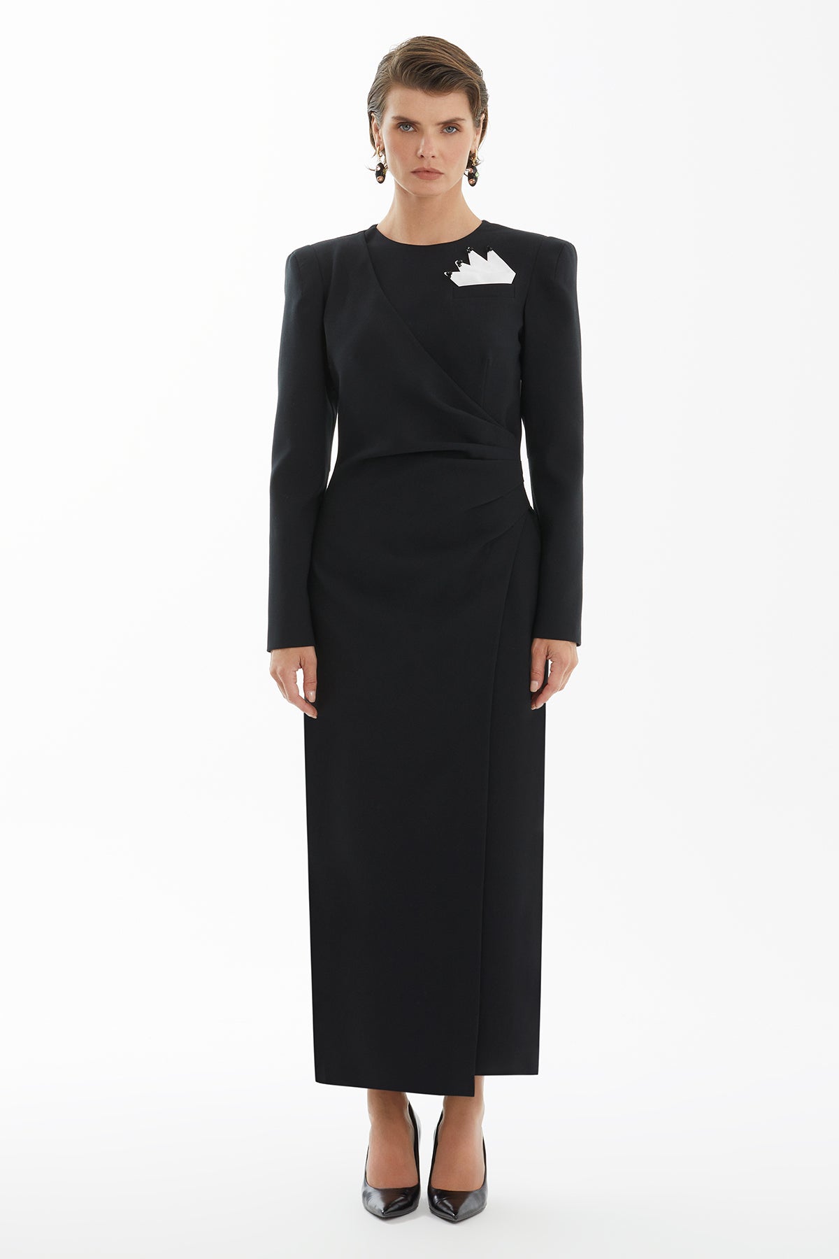 Black Handkerchief-Detail Pleated Slit Dress