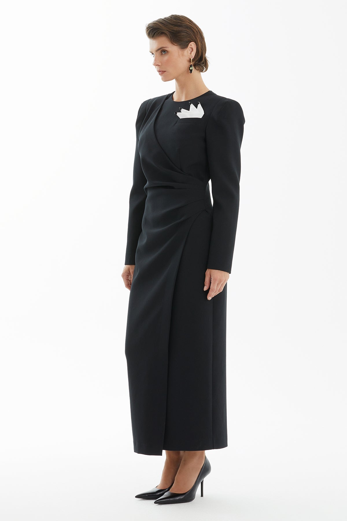 Black Handkerchief-Detail Pleated Slit Dress