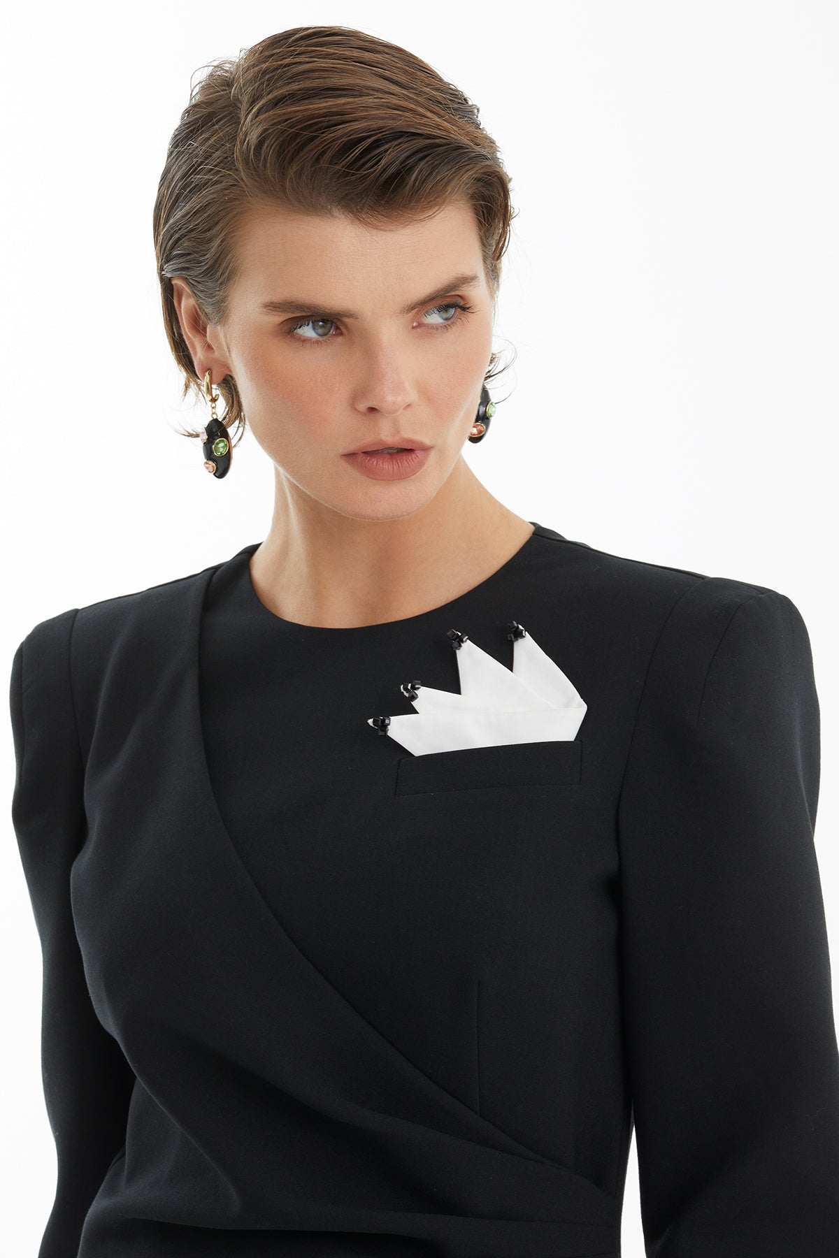 Black Handkerchief-Detail Pleated Slit Dress