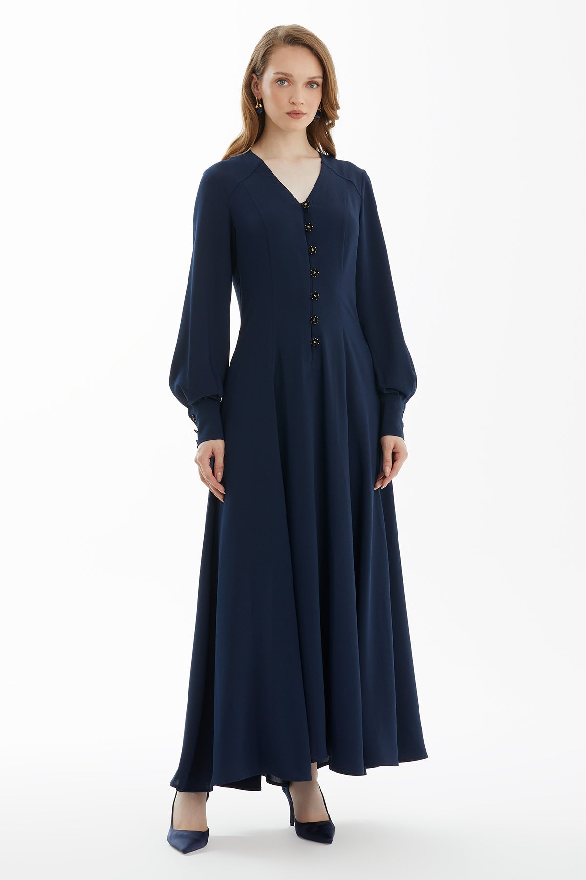 Dark Navy Velvet Button-Detail Dress