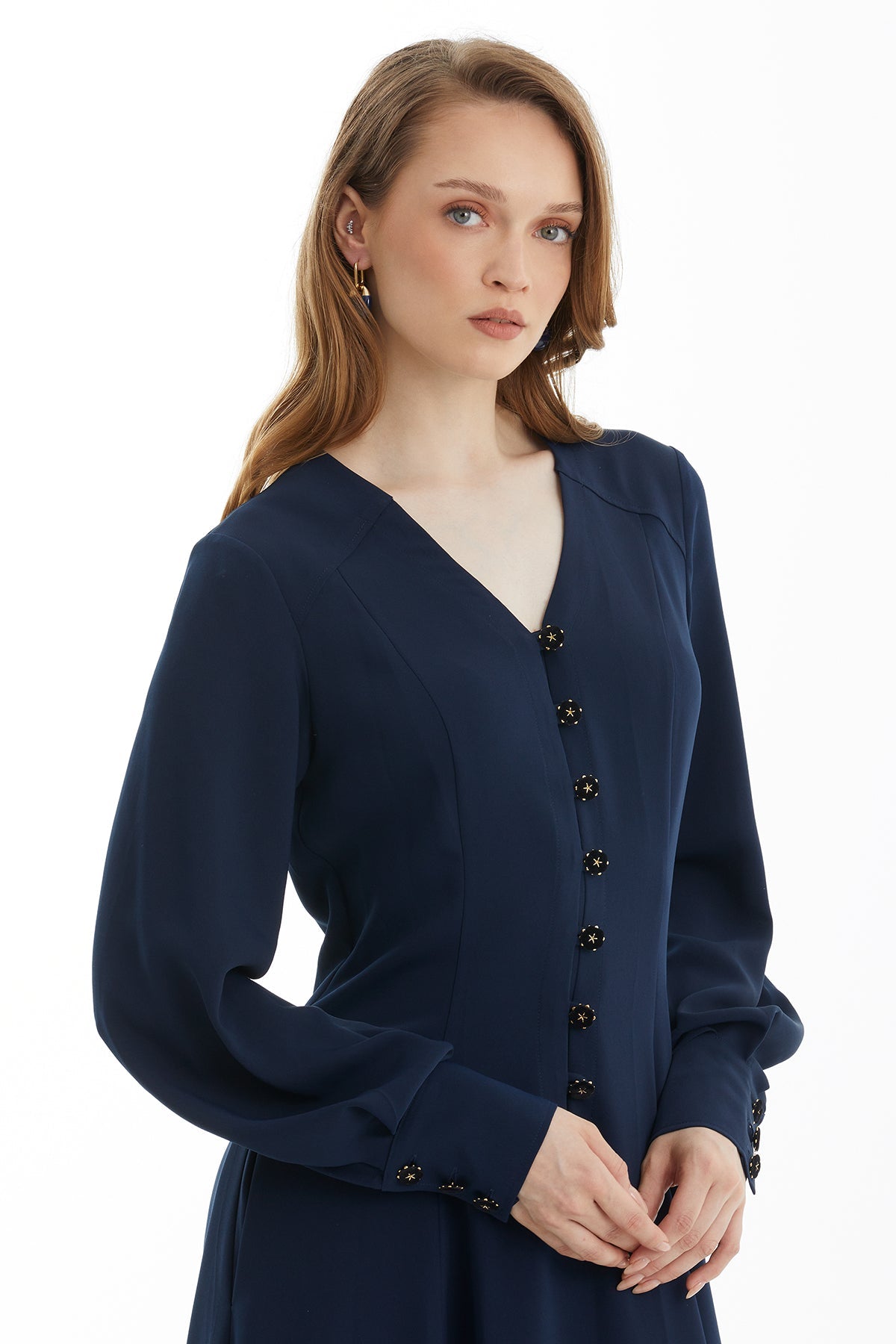 Dark Navy Velvet Button-Detail Dress