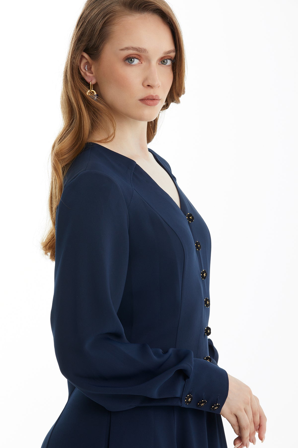 Dark Navy Velvet Button-Detail Dress