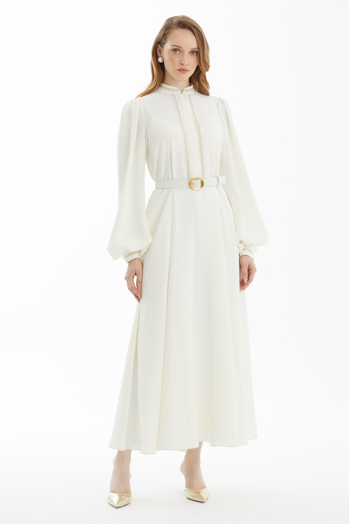 Ecru Trim-Accessory Belted Ankle Dress