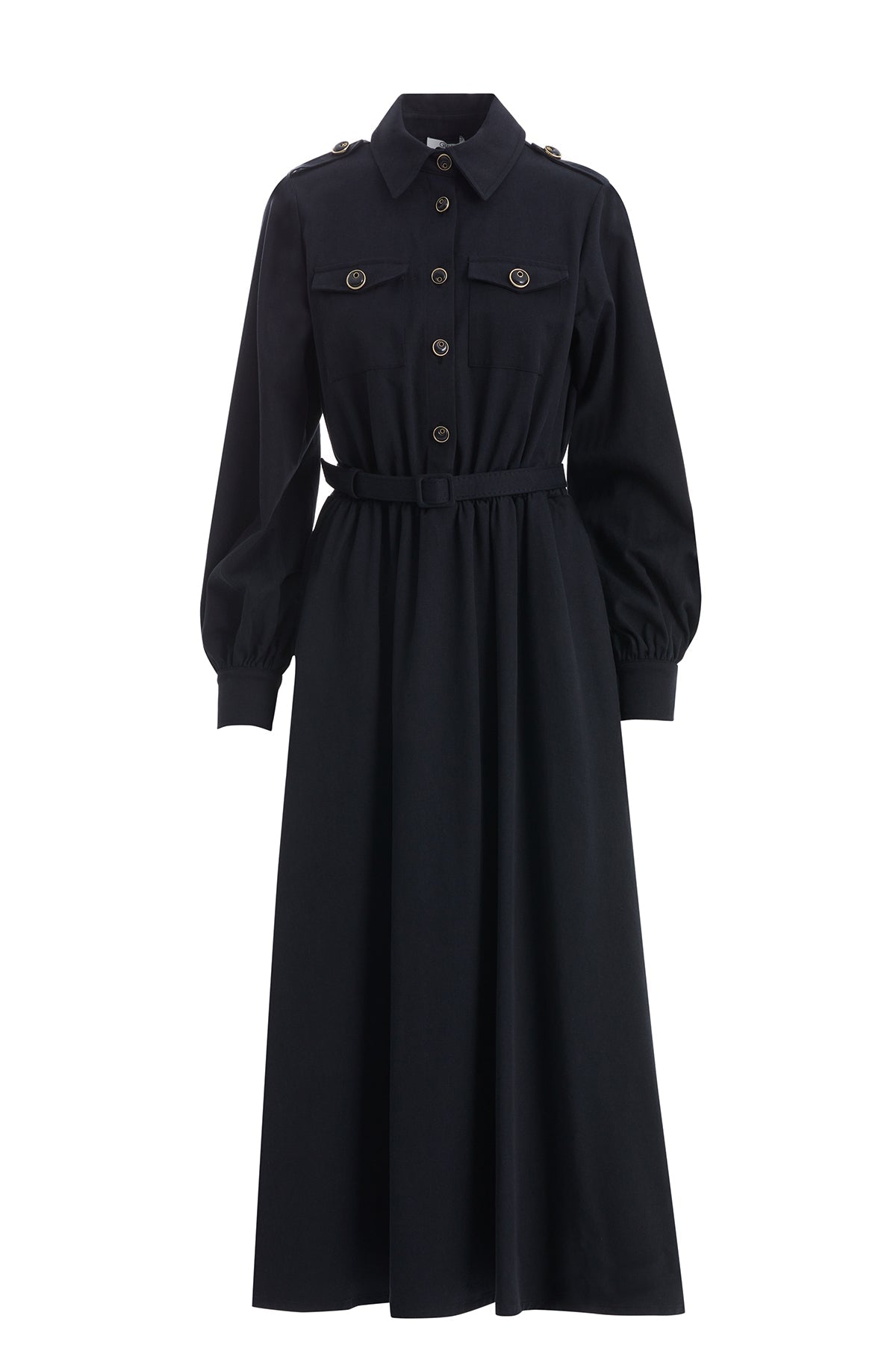Dark Navy Belted Long Shirt Dress
