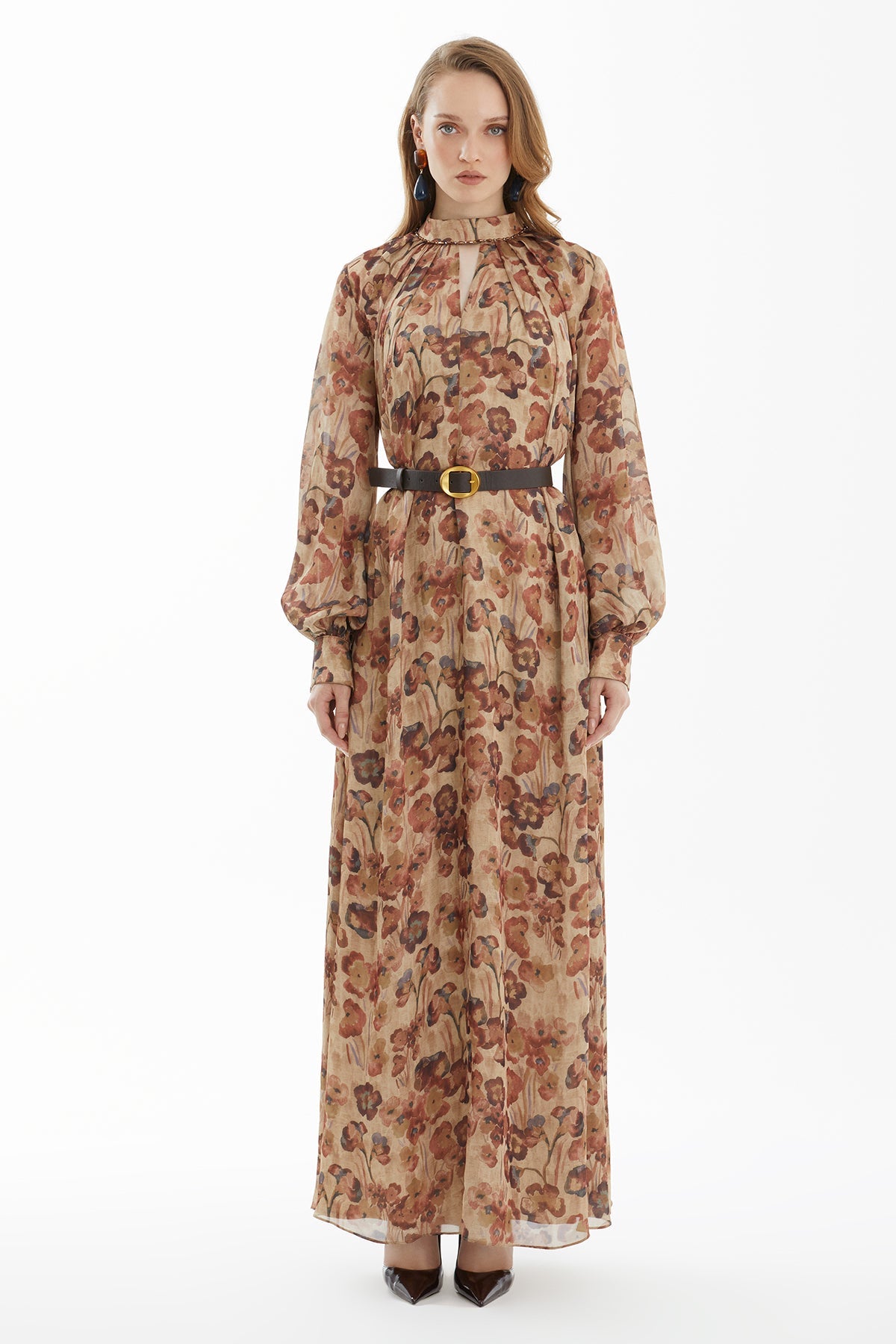 Pleated-Collar Maxi Dress