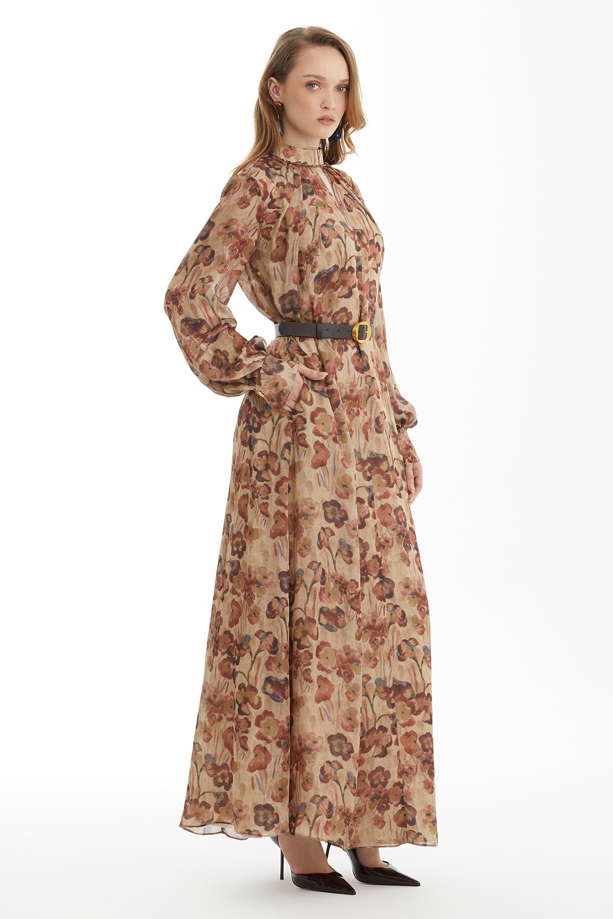 Pleated-Collar Maxi Dress