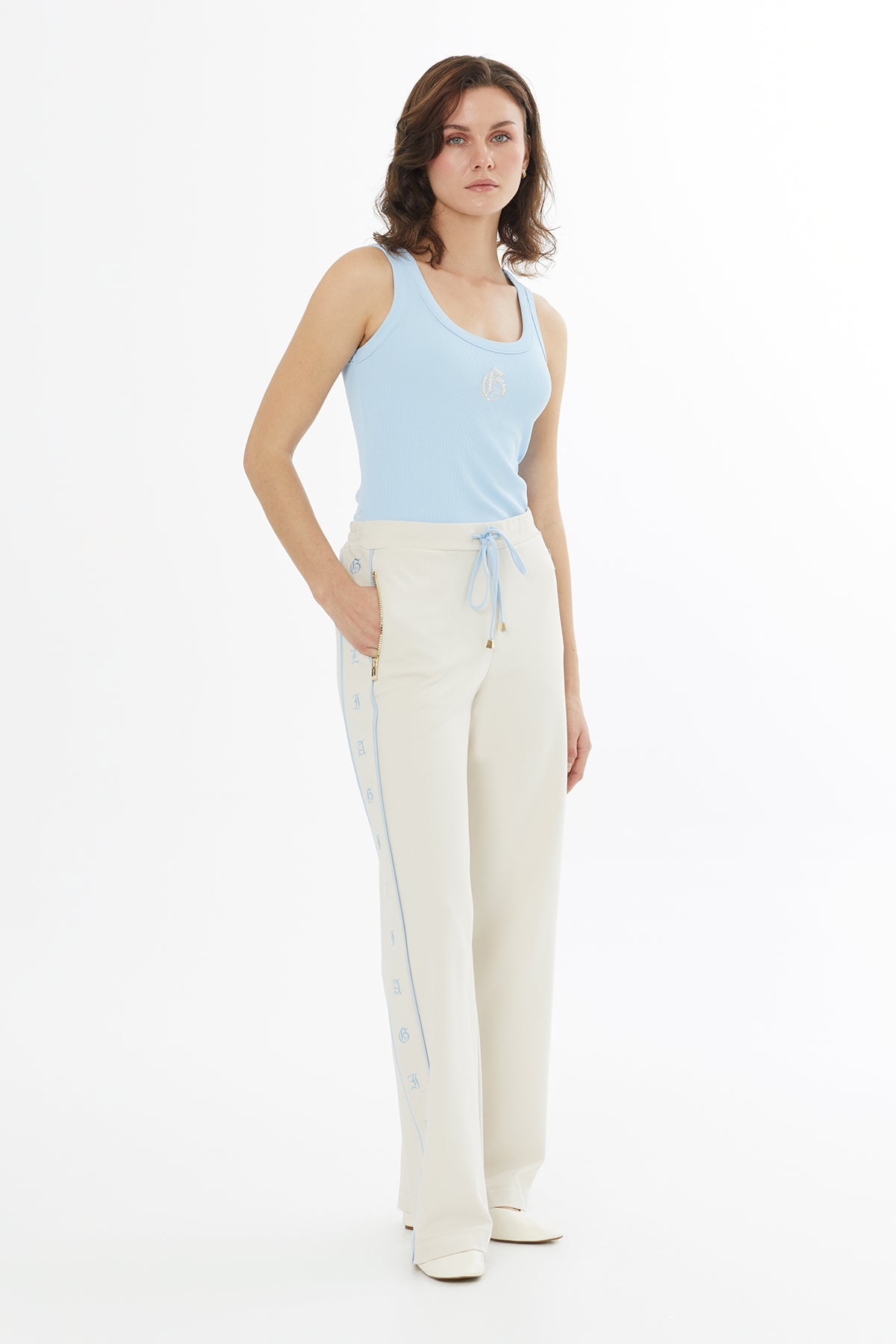 Beige Side Embroidered Detail Sweatpants