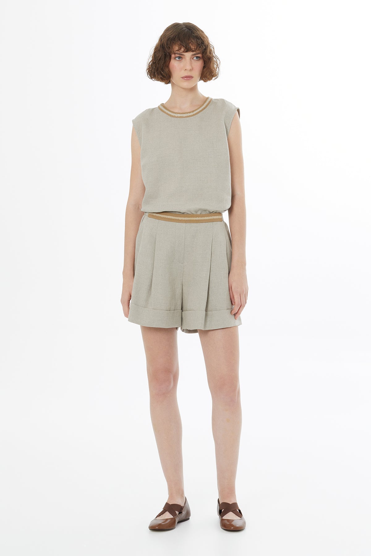 Beige Elasticated Waist Linen Shorts