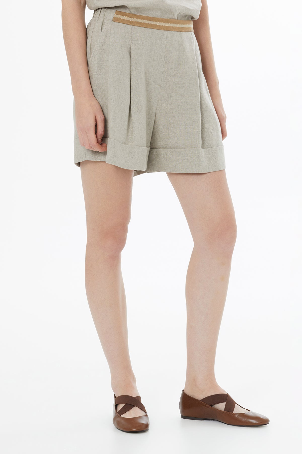 Beige Elasticated Waist Linen Shorts