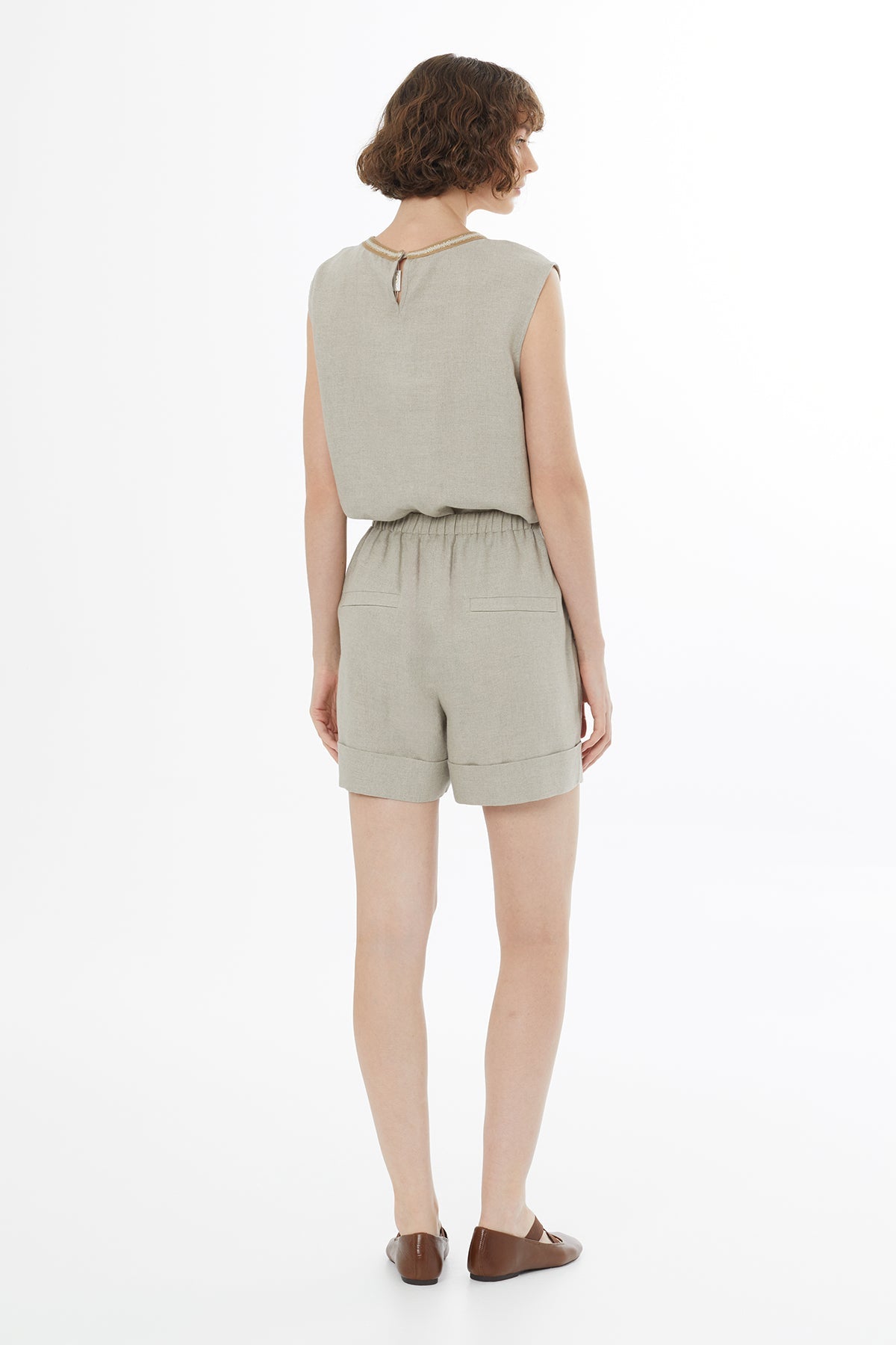 Beige Elasticated Waist Linen Shorts