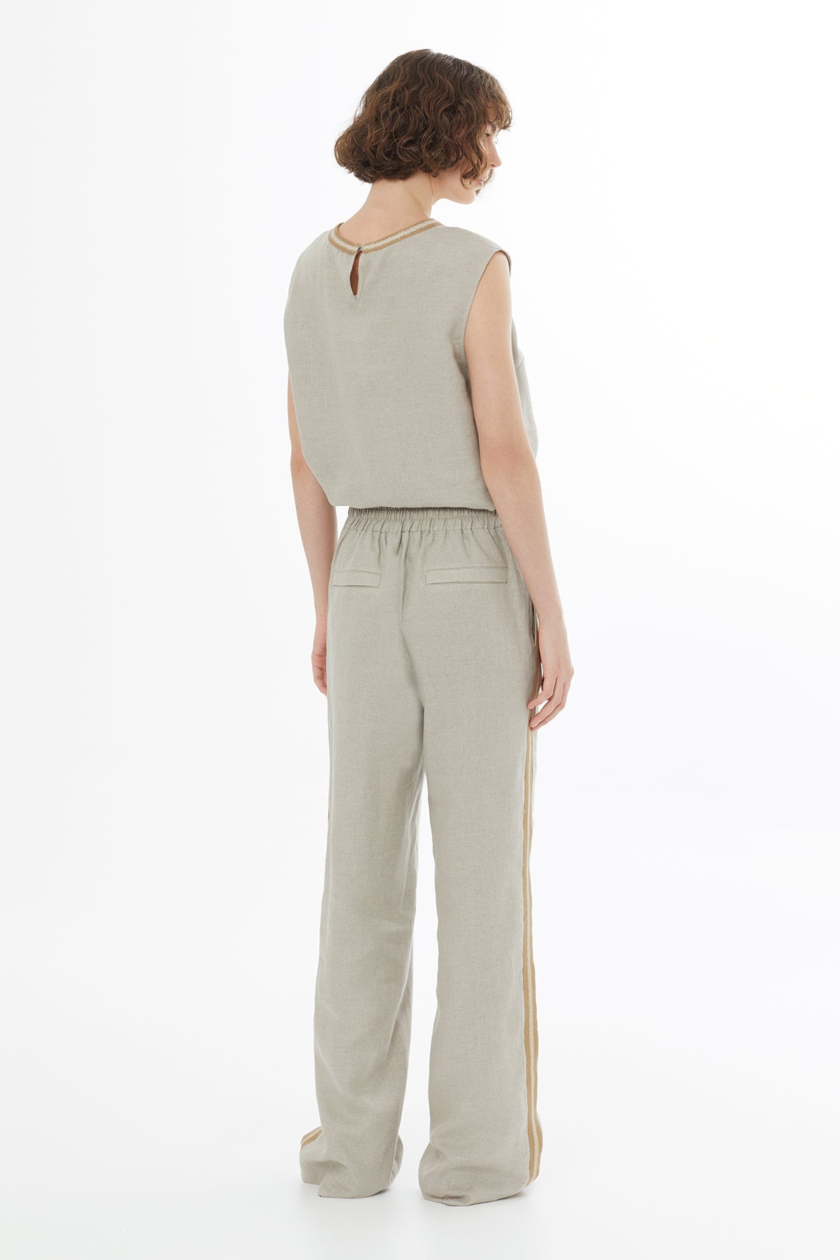Beige Tie Detail Linen Trousers