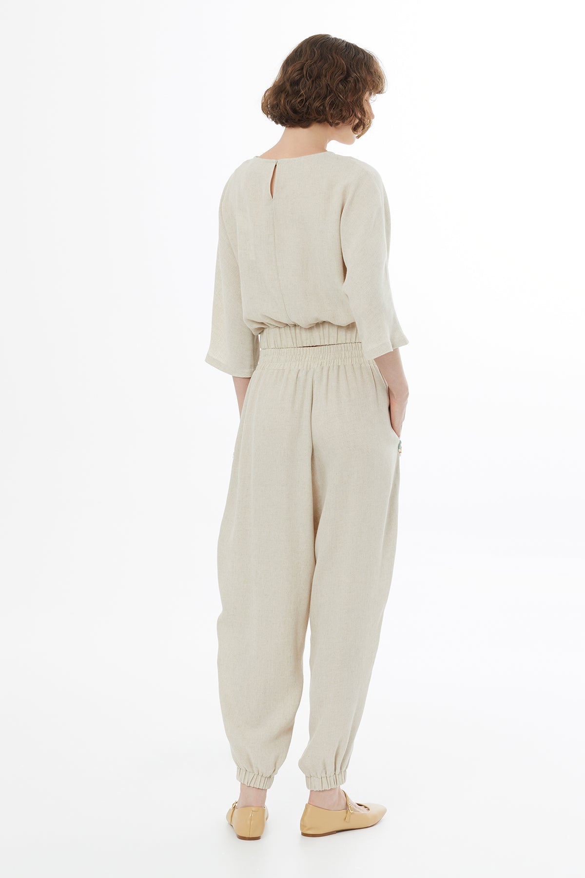 Beige Elasticated Waist Harem Trousers